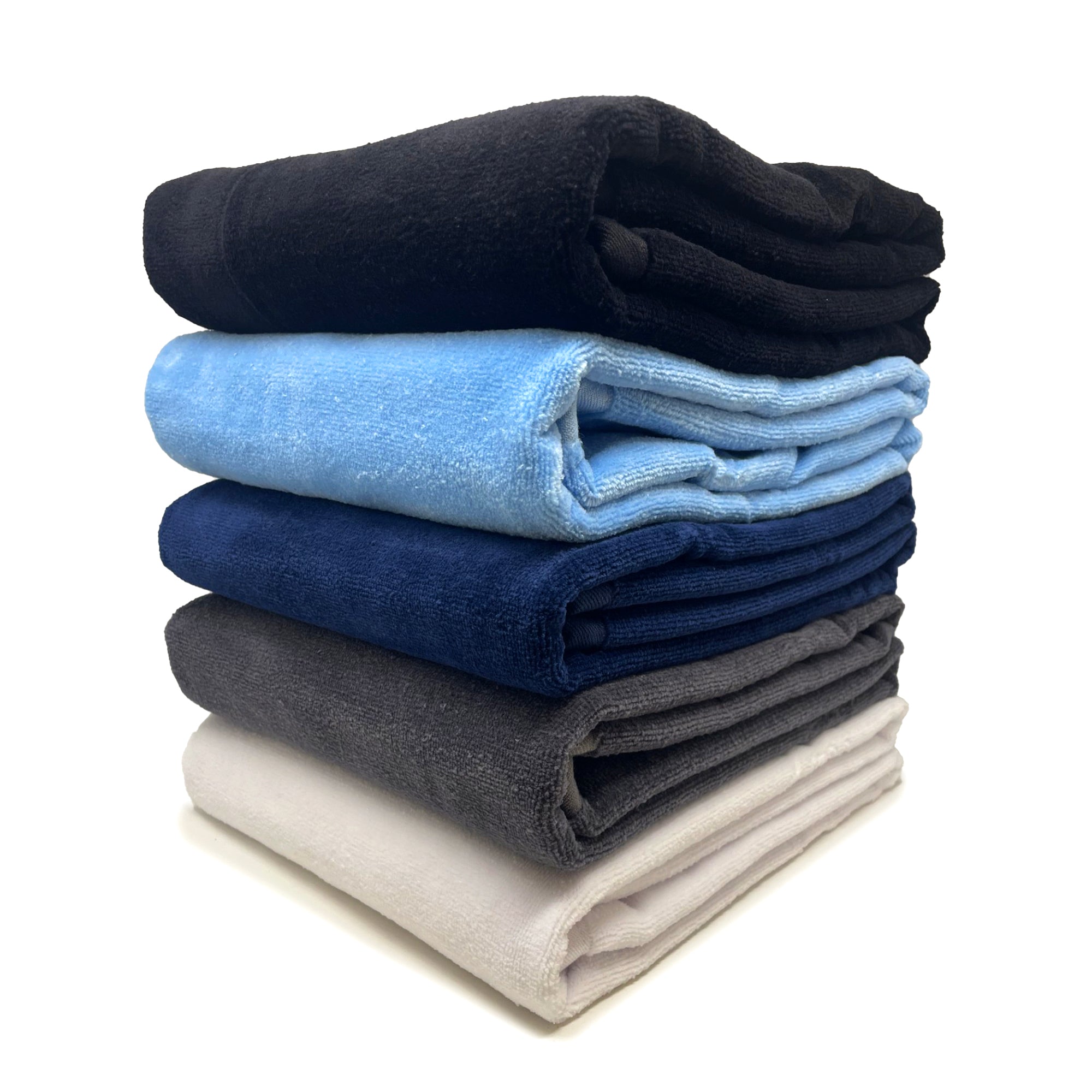 American Blanket Company -  Colorful Made in the USA 100% Cotton towels - Stack of folded towels in black, light blue, navy, gray, and white on a white background