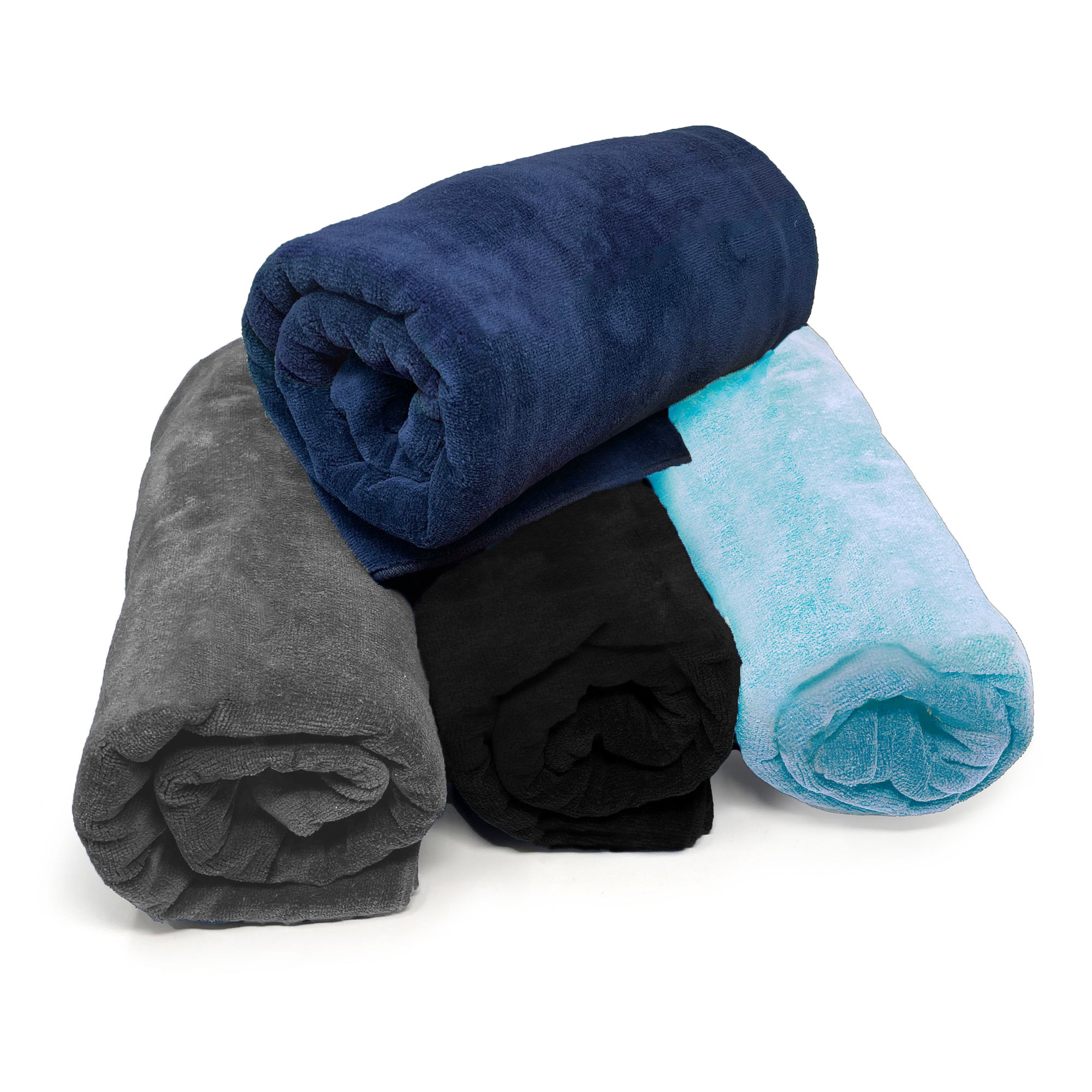 American Blanket Company -  Colorful Made in the USA 100% Cotton towels - Four rolled-up towels in navy, gray, black, and light blue on a white background