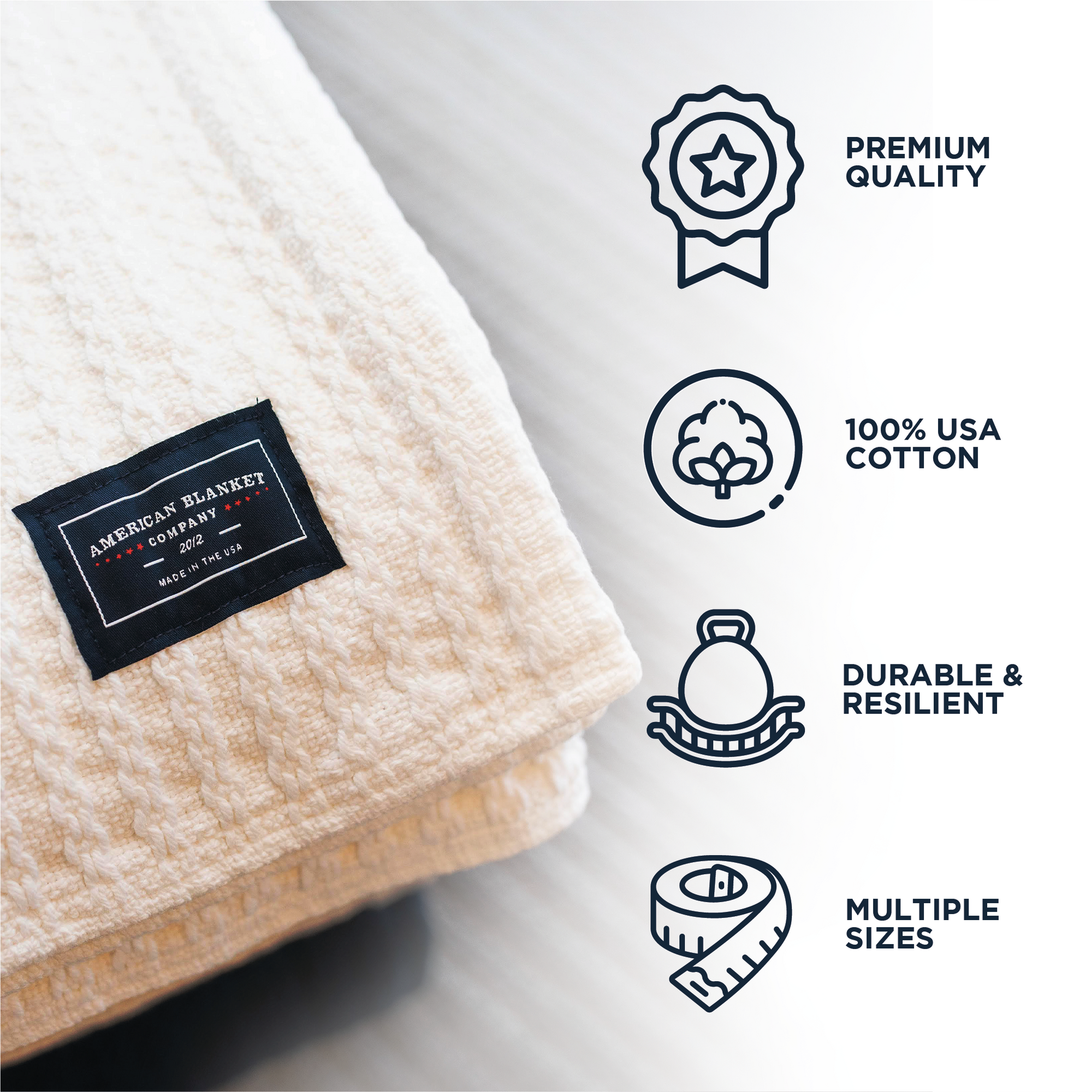 American Blanket Company - Cable Weave 100% Cotton blankets - Infographic card reading "Premium Quality, 100% USA Cotton, Durable & Resilient, Multiple sizes."