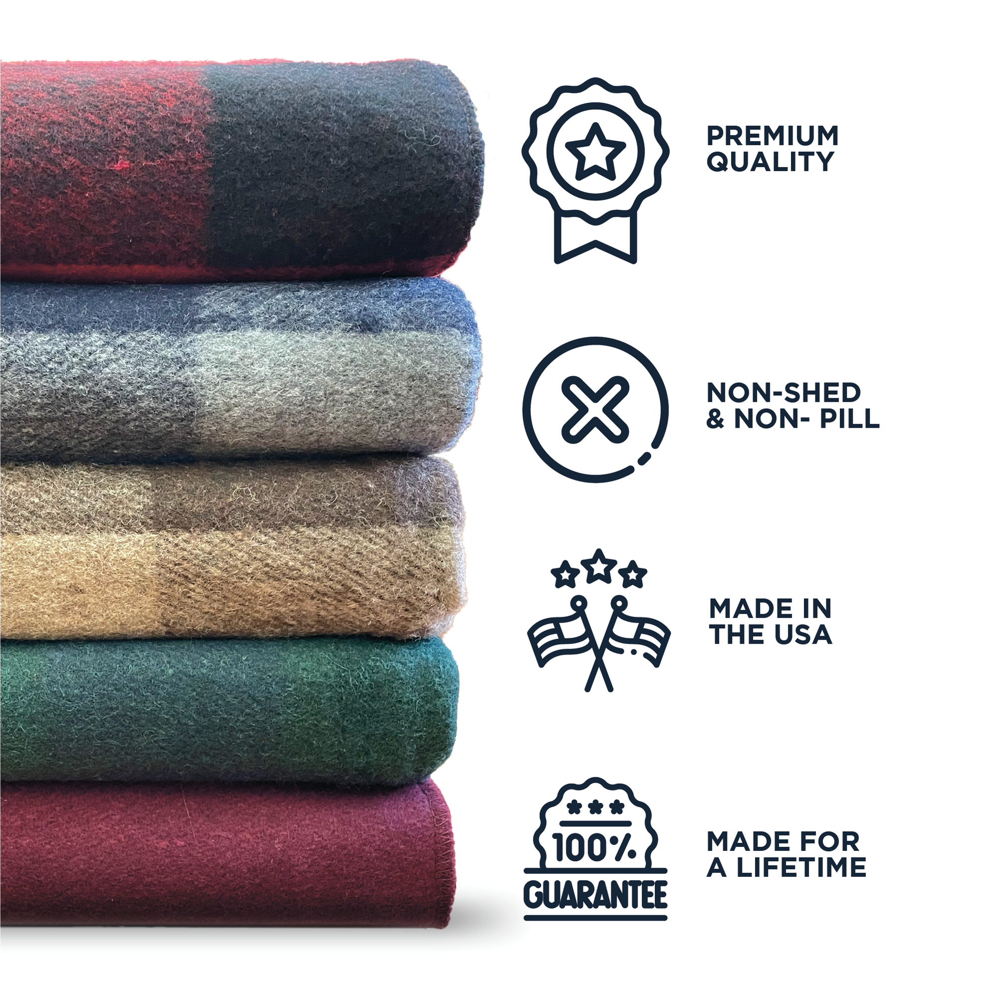 American Blanket Company - Recycled Wool Blankets -Recycled Wool Blanket Stack infographic stating - premium quality non-shed and non pilling. Made in the usa, made for a lifetime.