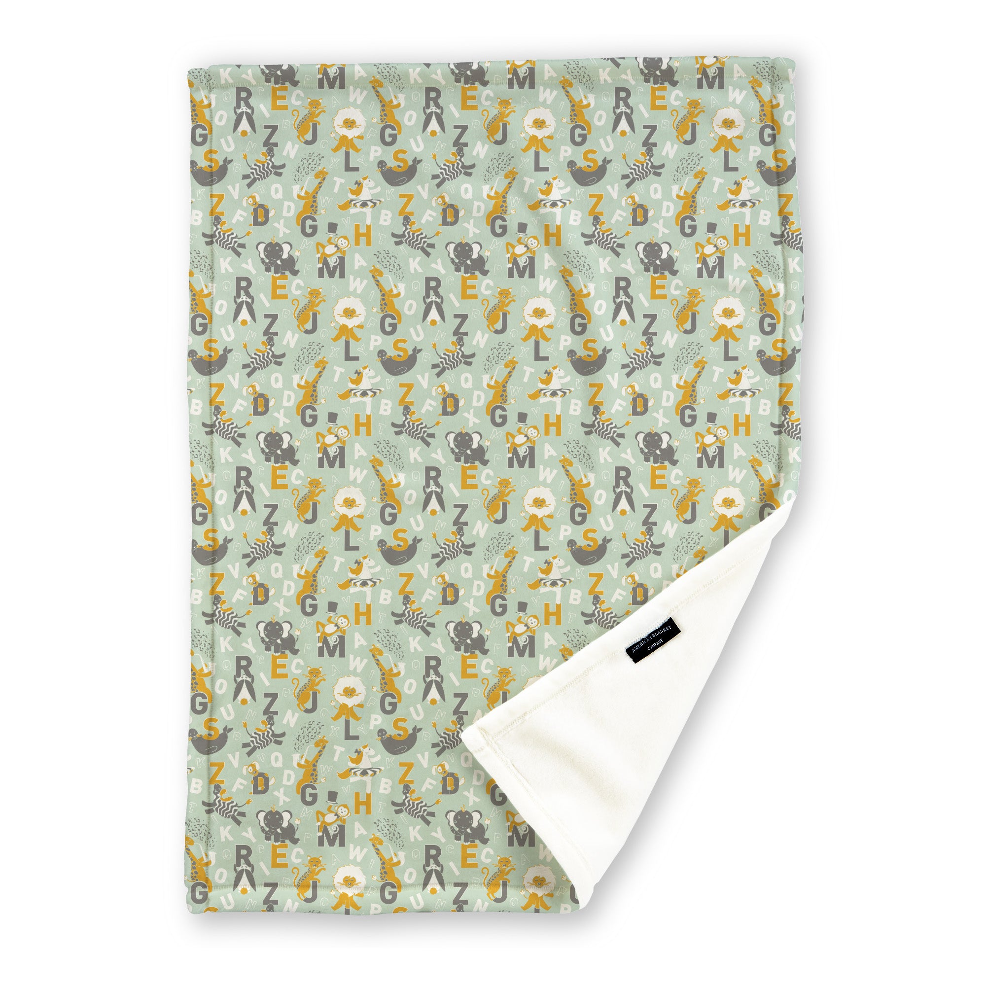 American Blanket Company - Luster Loft Fleece Blankets - Printed Fleece Baby Blankets - A printed fleece baby blanket with cute cartoon animals on corresponding letters displayed across the fabric.