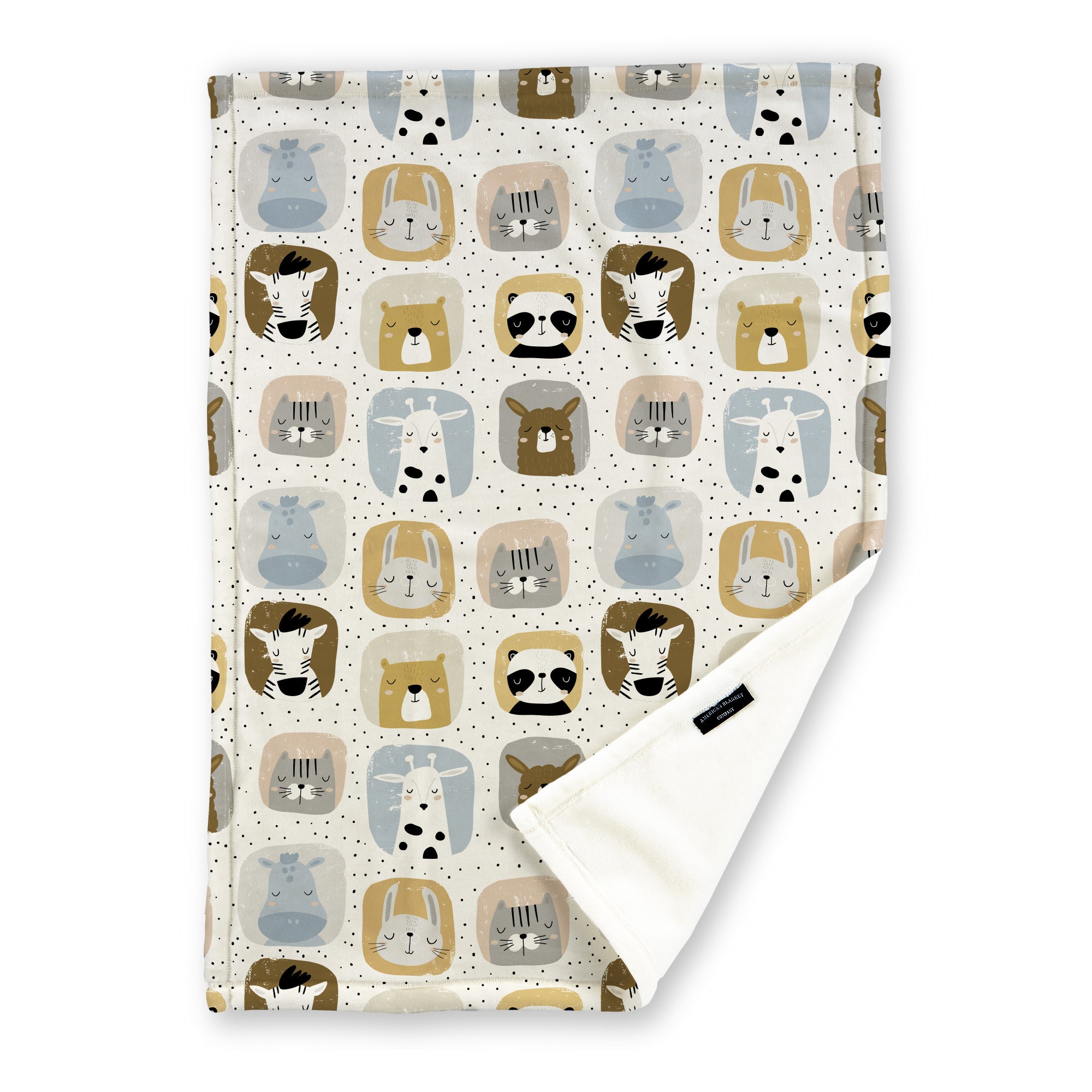 American Blanket Company - Luster Loft Fleece Blankets - Printed Fleece Baby Blankets - A printed fleece baby blanket with cute cartoon animals in rounded pastel squares displayed across the fabric.