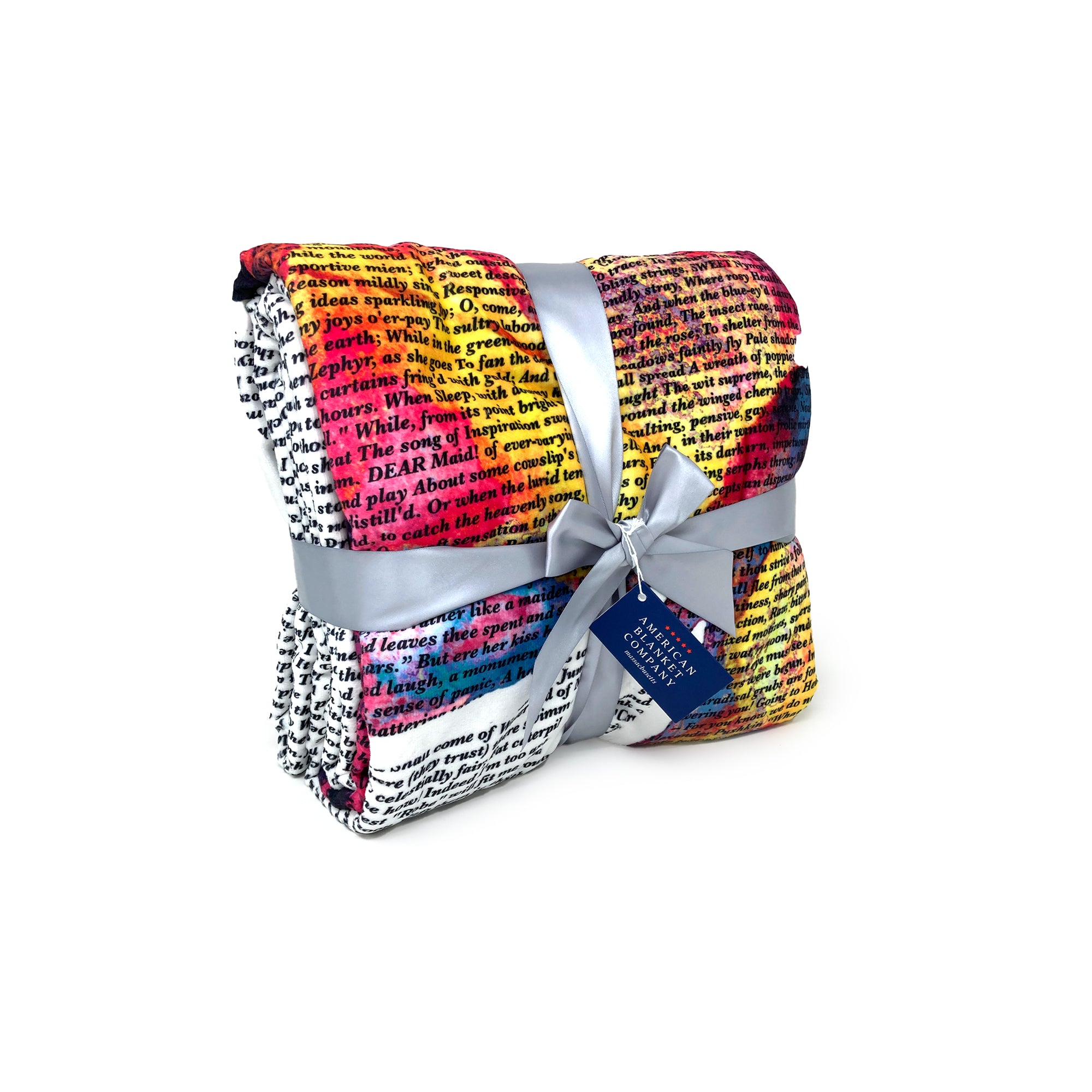 American Blanket Company - Butterfly Printed inspirational poem blanket - Folded detail shot of the vibrant butterfly blanket, tied with a ribbon and a hangtag.