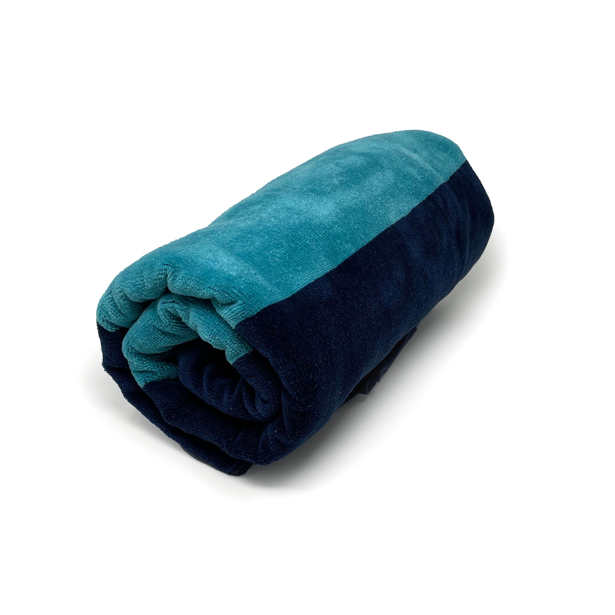 American Blanket Company - Rugby Stripe 100% Cotton Beach Towels - Blue and Cyan rolled Rugby Striped 100% Cotton Towel on a white background.