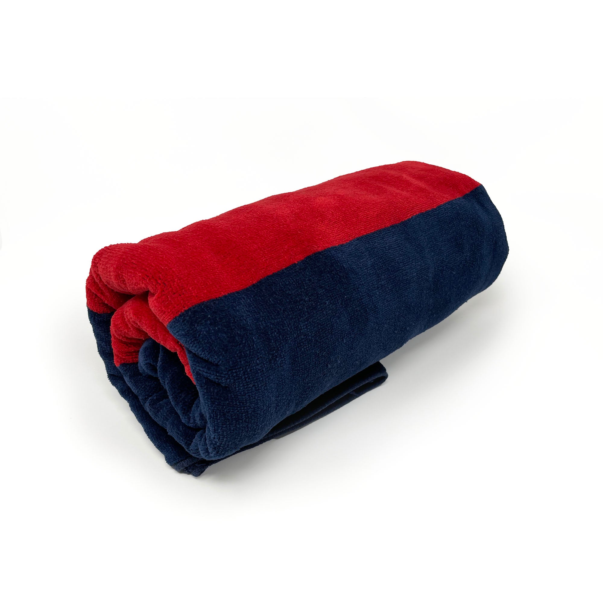 American Blanket Company - Rugby Stripe 100% Cotton Beach Towels -Blue and red rolled Rugby Striped 100% Cotton Towel on a white background.