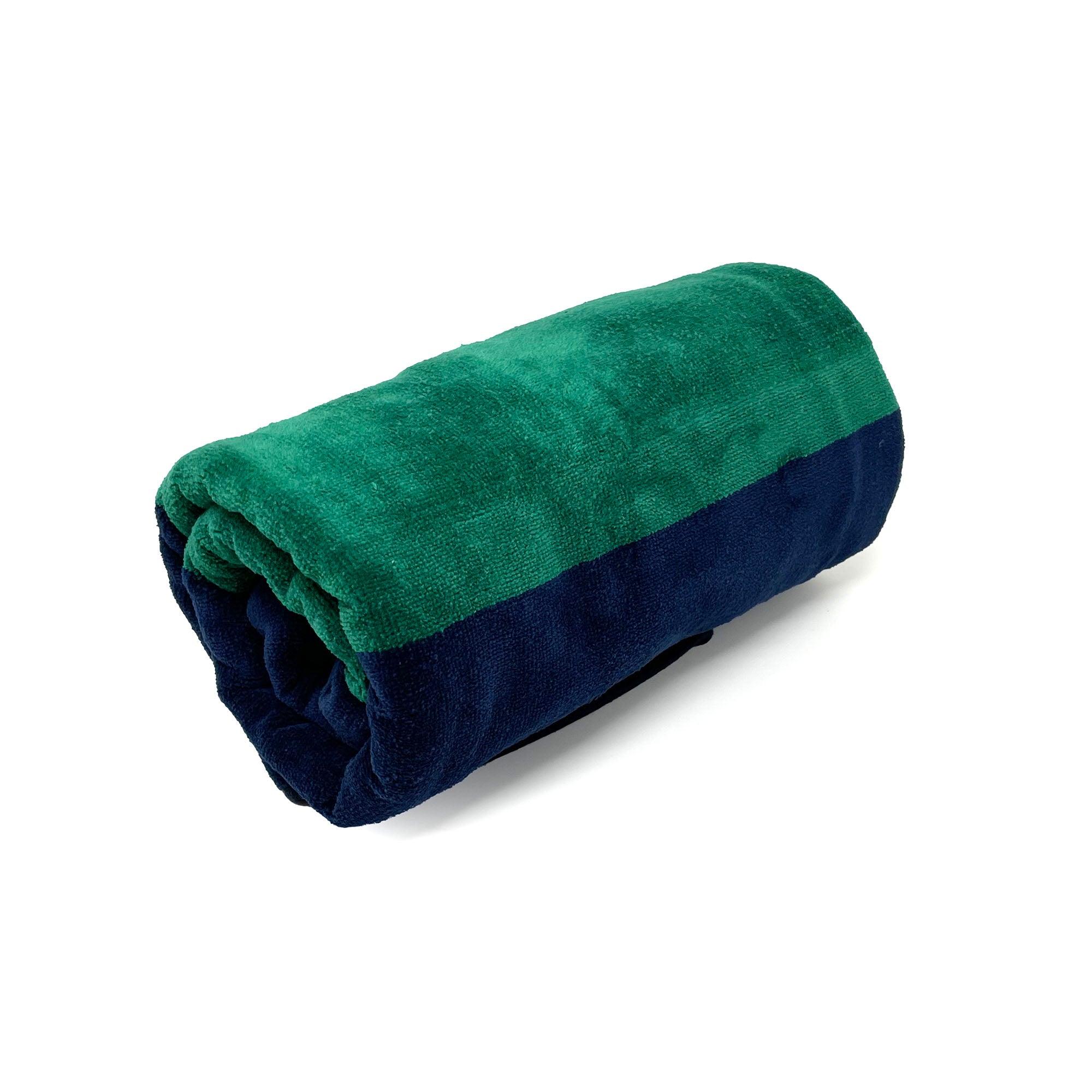 American Blanket Company - Rugby Stripe 100% Cotton Beach Towels - Blue and Green rolled Rugby Striped 100% Cotton Towel on a white background.