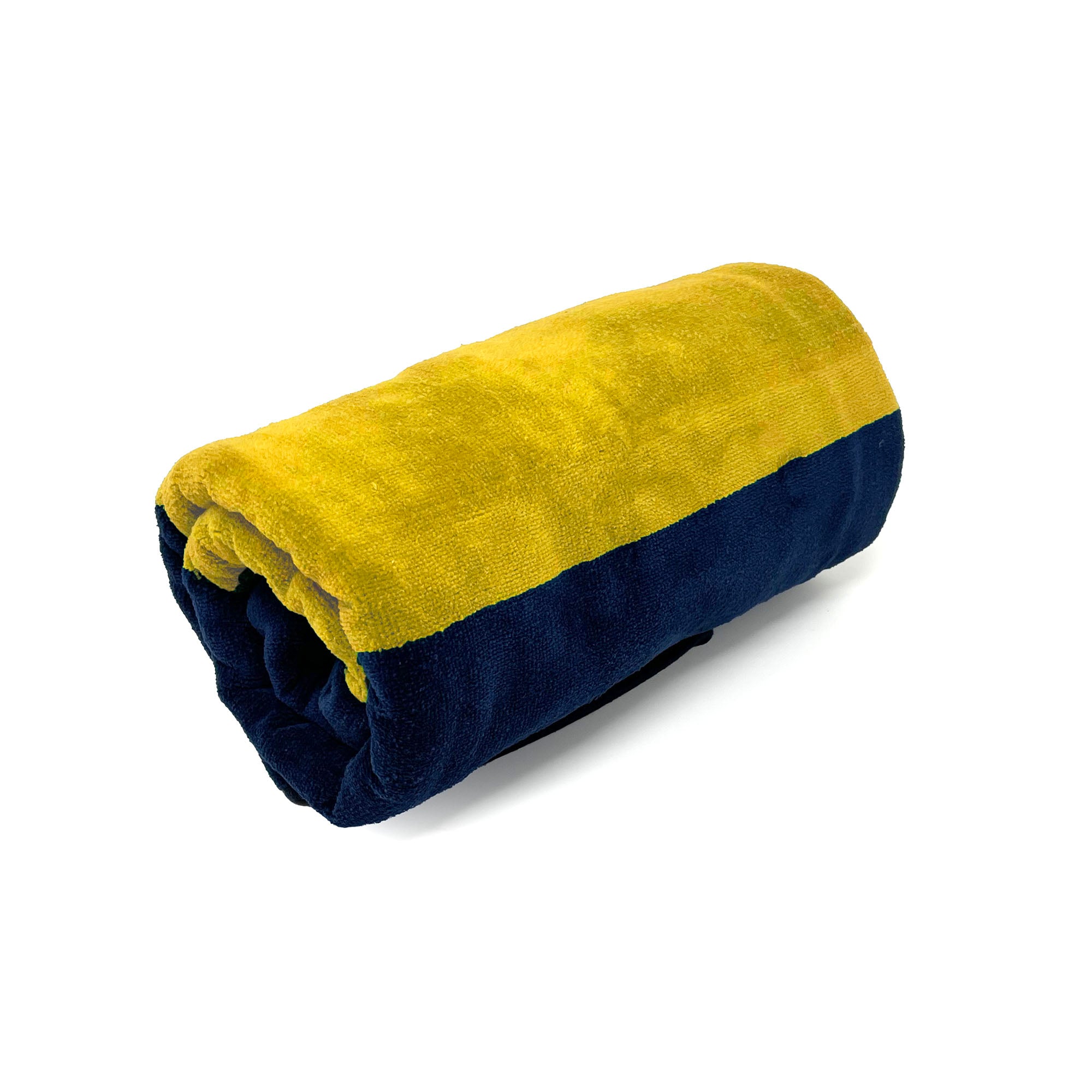 American Blanket Company - Rugby Stripe 100% Cotton Beach Towels -Blue and yellow rolled Rugby Striped 100% Cotton Towel on a white background.