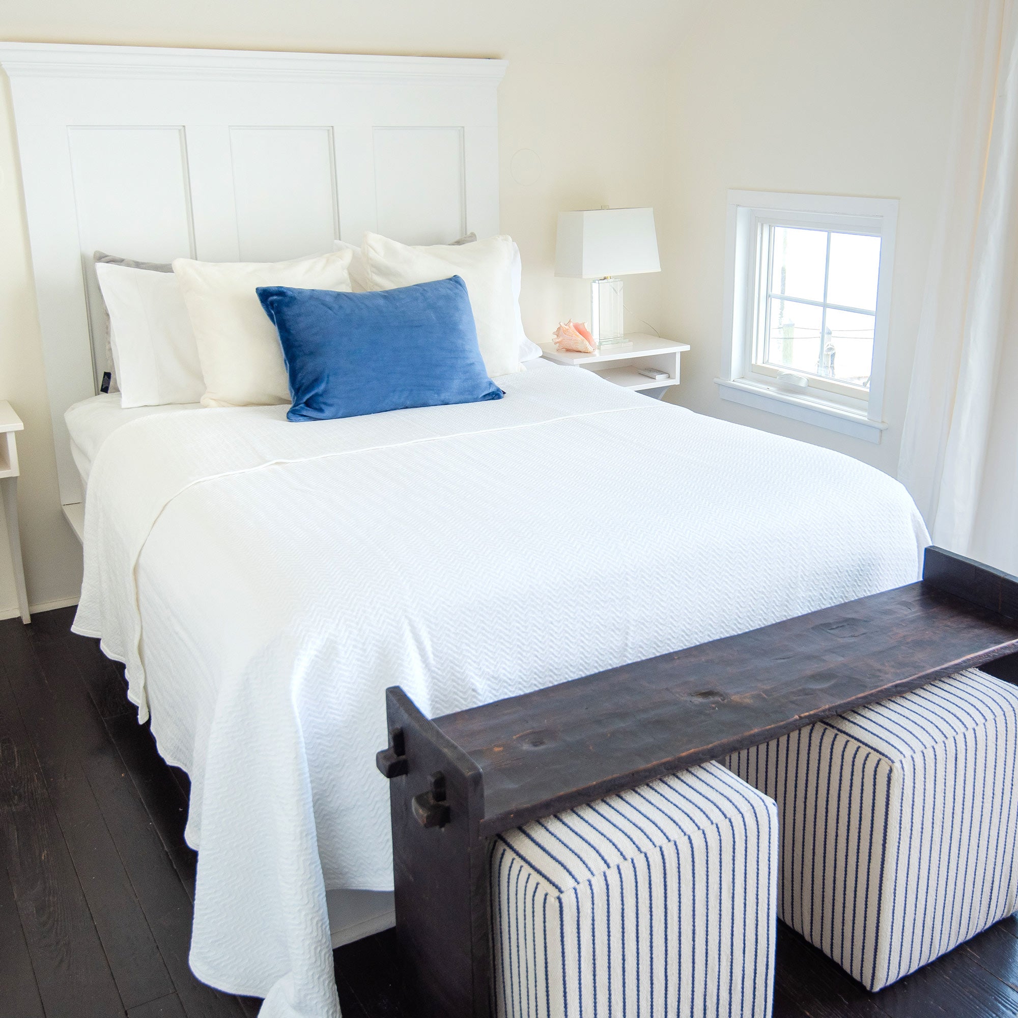 American Blanket Company - 100% Cotton Blanket, Chevron Weave - laid over and made otp of a crisp and comfy looking bed with luster loft throw pillows