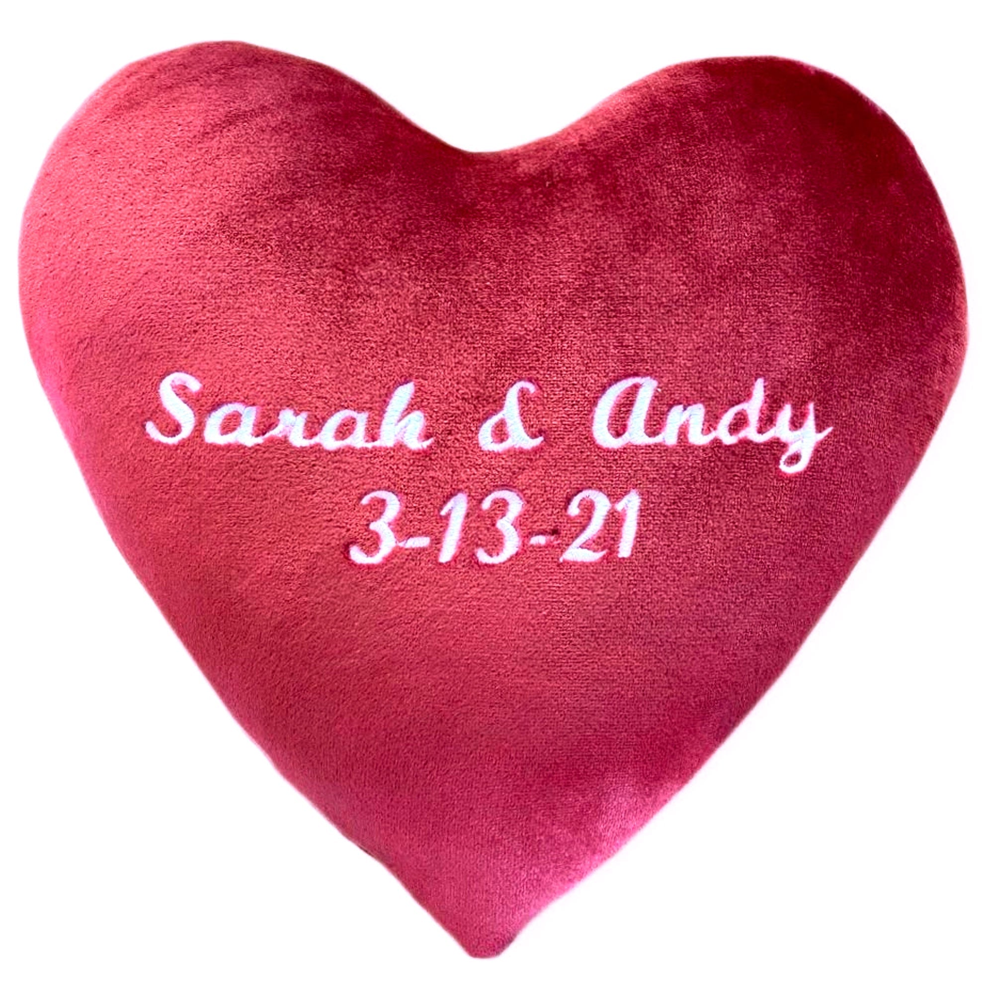 American Blanket Company - luster loft fleece heart pillows - "Sarah & Andy 3-13-21" Embroidered red heart pillow