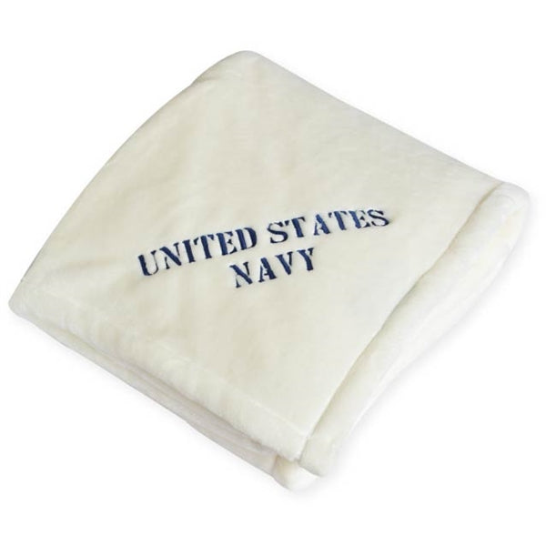 American Blanket Company - Luster Loft fleece Blanket - cream fleece blanket with "United States Navy" embroidered on the fabric
