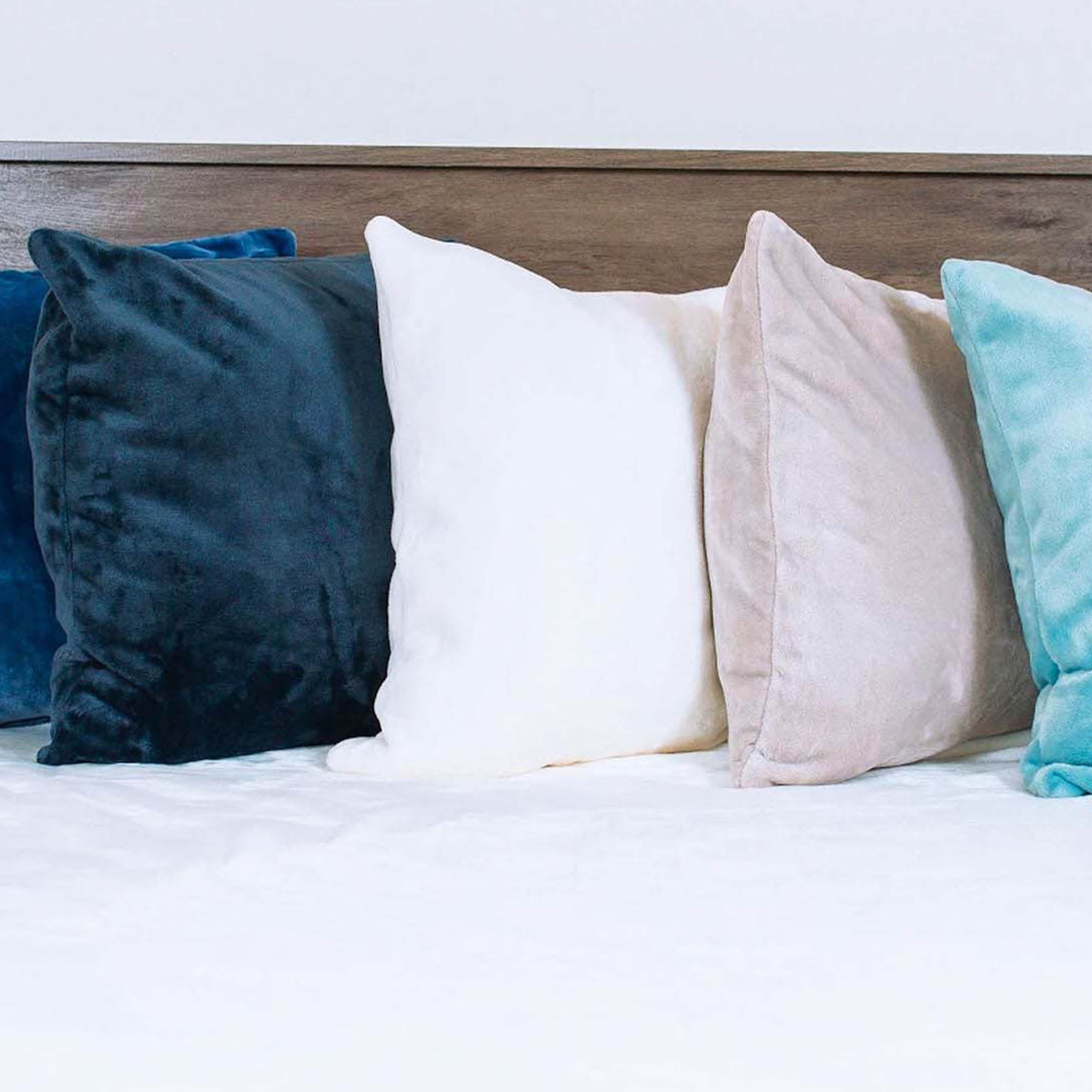 American blanket company - luster loft Fleece throw pillow 17x17 -  Luster Loft Fleece Throw Pillows assorted fleece throw pillows  in blue, white, beige, and light blue.