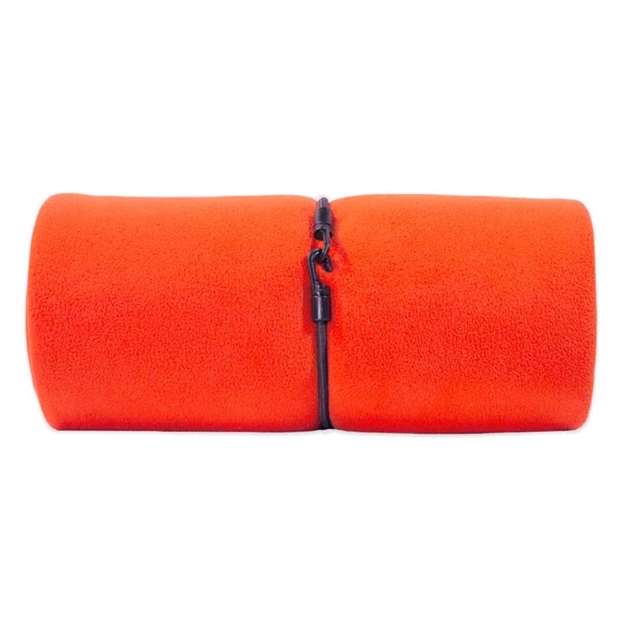 American Blanket Company - Emergency fleece Blanket - Peaceful Touch high-vis orange with bungee cord wrap.