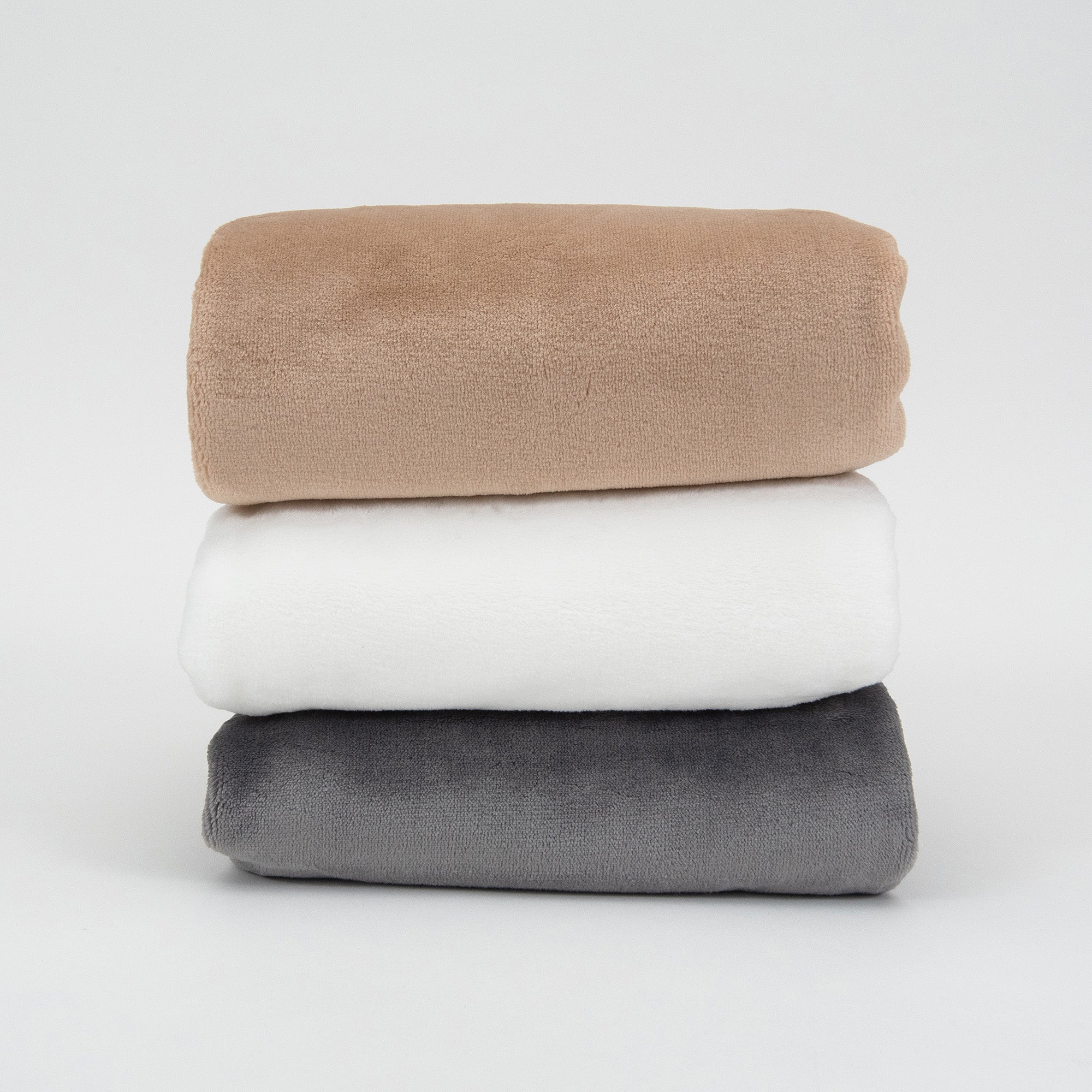 American Blanket Company - Luster Loft Fleece Throw Blankets - Embroidered Wedding blankets stack of brown, white, and gray luster loft fleece throw blankets, luxurious fleece blankets.