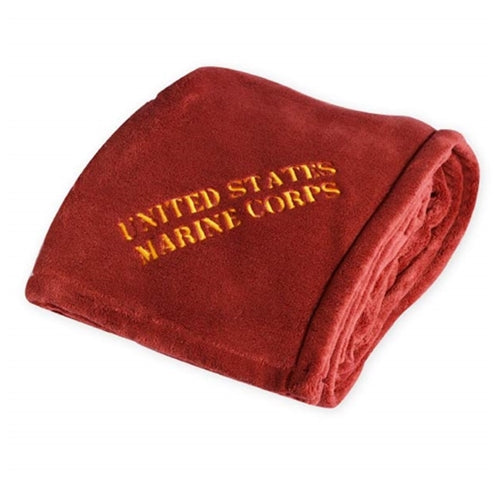American Blanket Company - Luster Loft fleece Blanket - Red fleece blanket with "United States Marine Corps" embroidered on the fabric