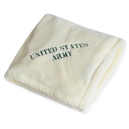 American Blanket Company - Luster Loft fleece Blanket - cream fleece blanket with "United States Army" embroidered on the fabric