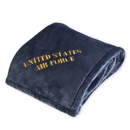 American Blanket Company - Luster Loft fleece Blanket - Blue fleece blanket with "United States Air Force" embroidered on the fabric