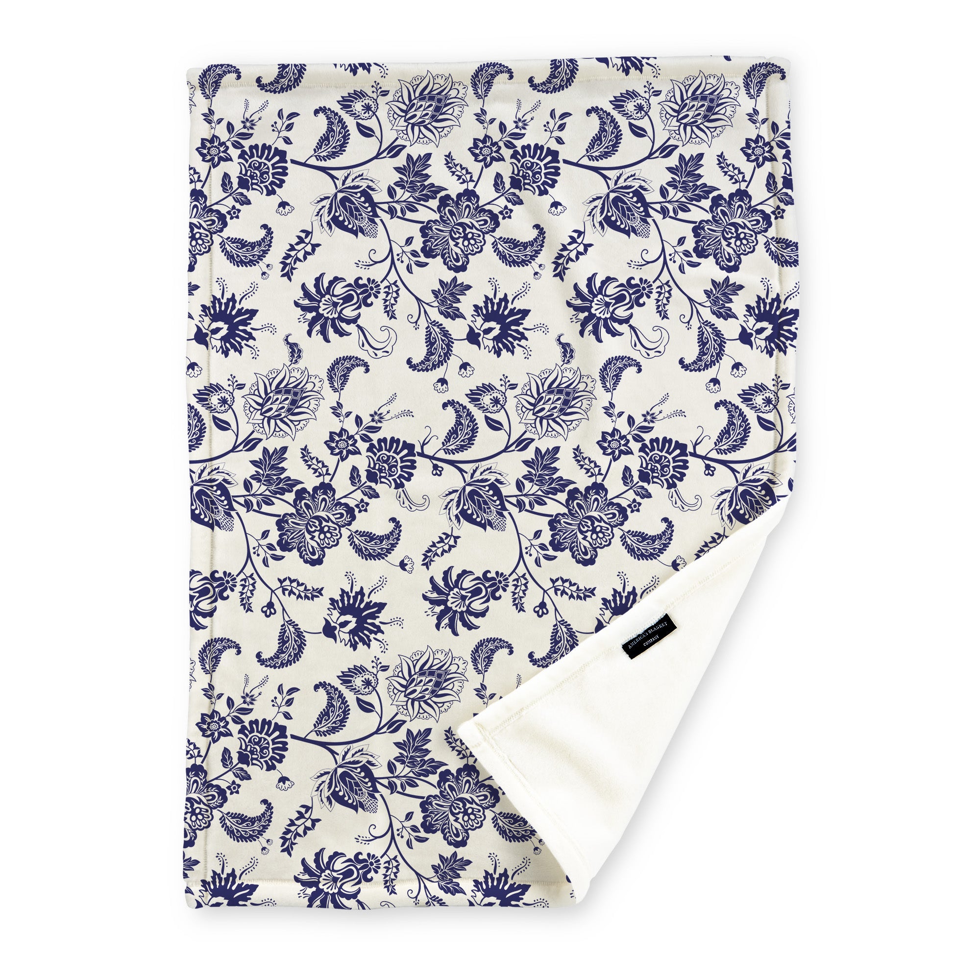 American Blanket Company - Luster Loft Fleece Blanket - Floral Printed Blankets Throws - a fleece blanket with abstract blue floral patterns on a white background.