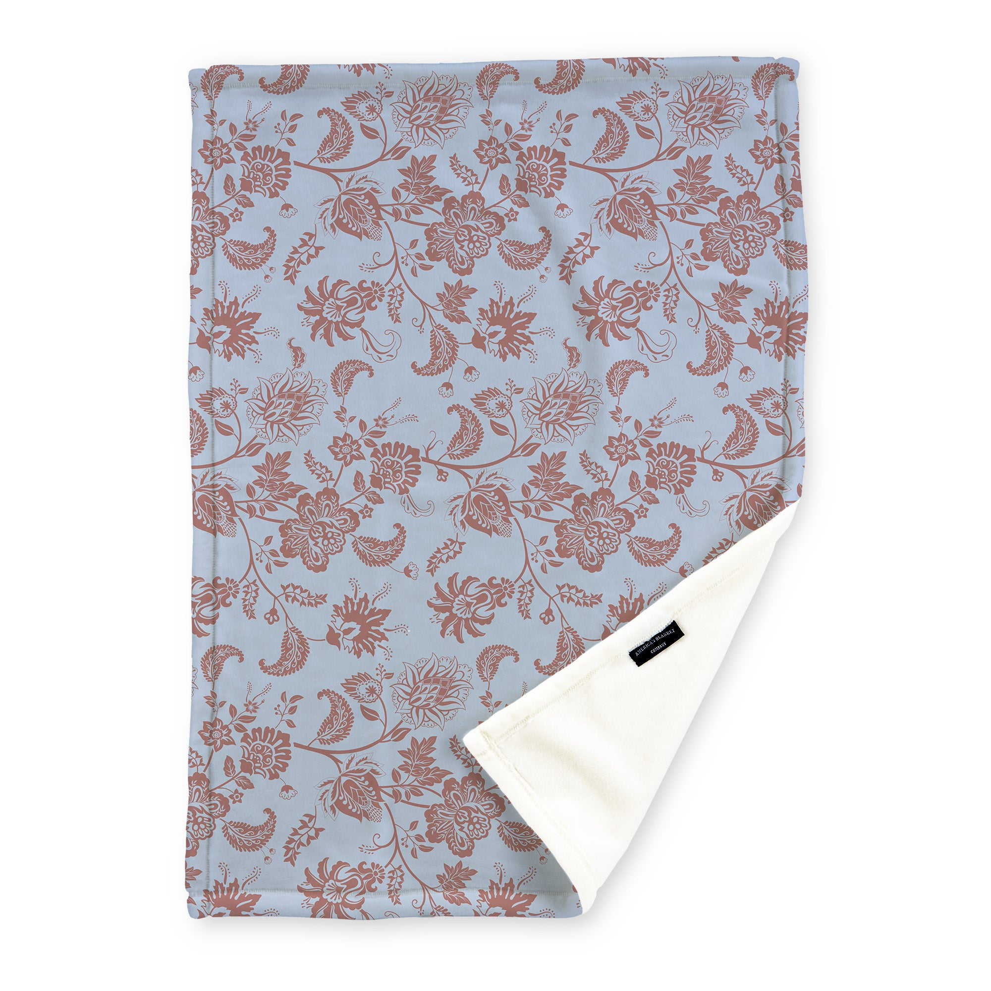 American Blanket Company - Luster Loft Fleece Blanket - Floral Printed Blankets Throws - a fleece blanket with abstract red floral patterns on a blue background.