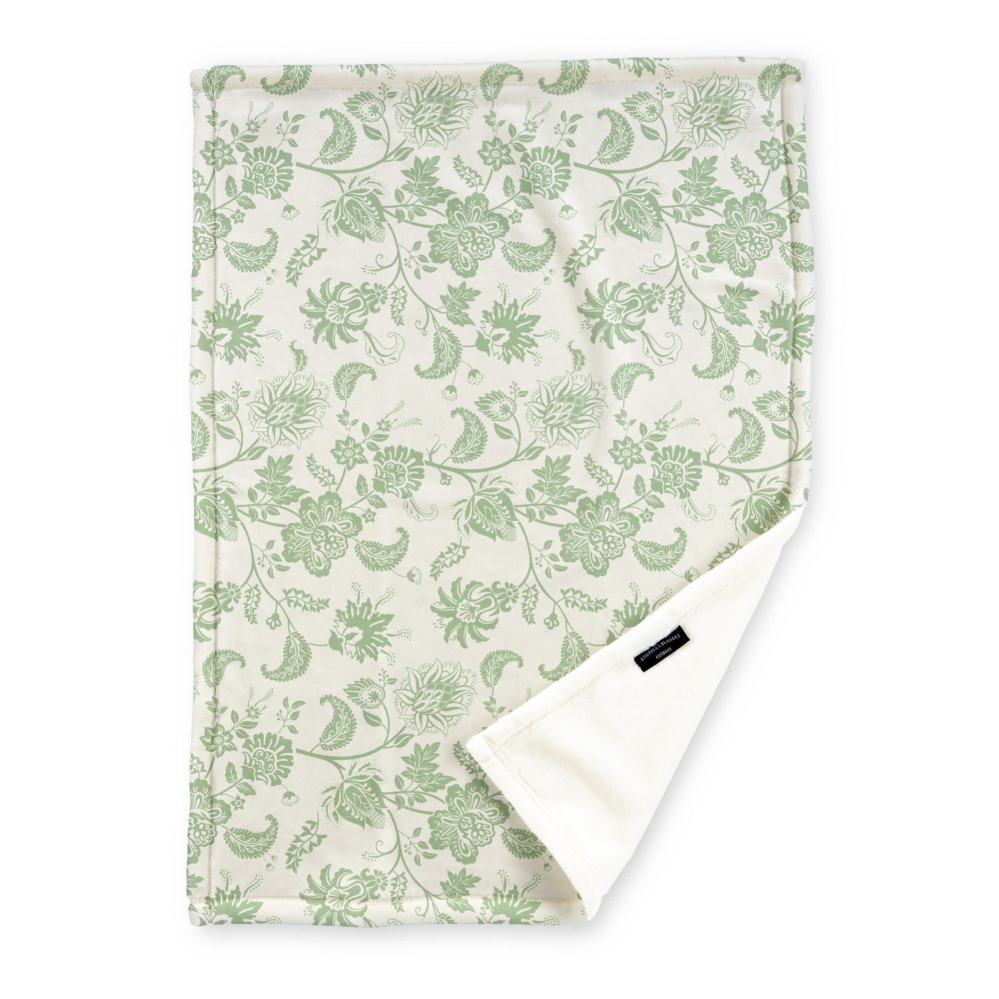 American Blanket Company - Luster Loft Fleece Blanket - Floral Printed Blankets Throws - a fleece blanket with abstract green floral patterns on a white background.