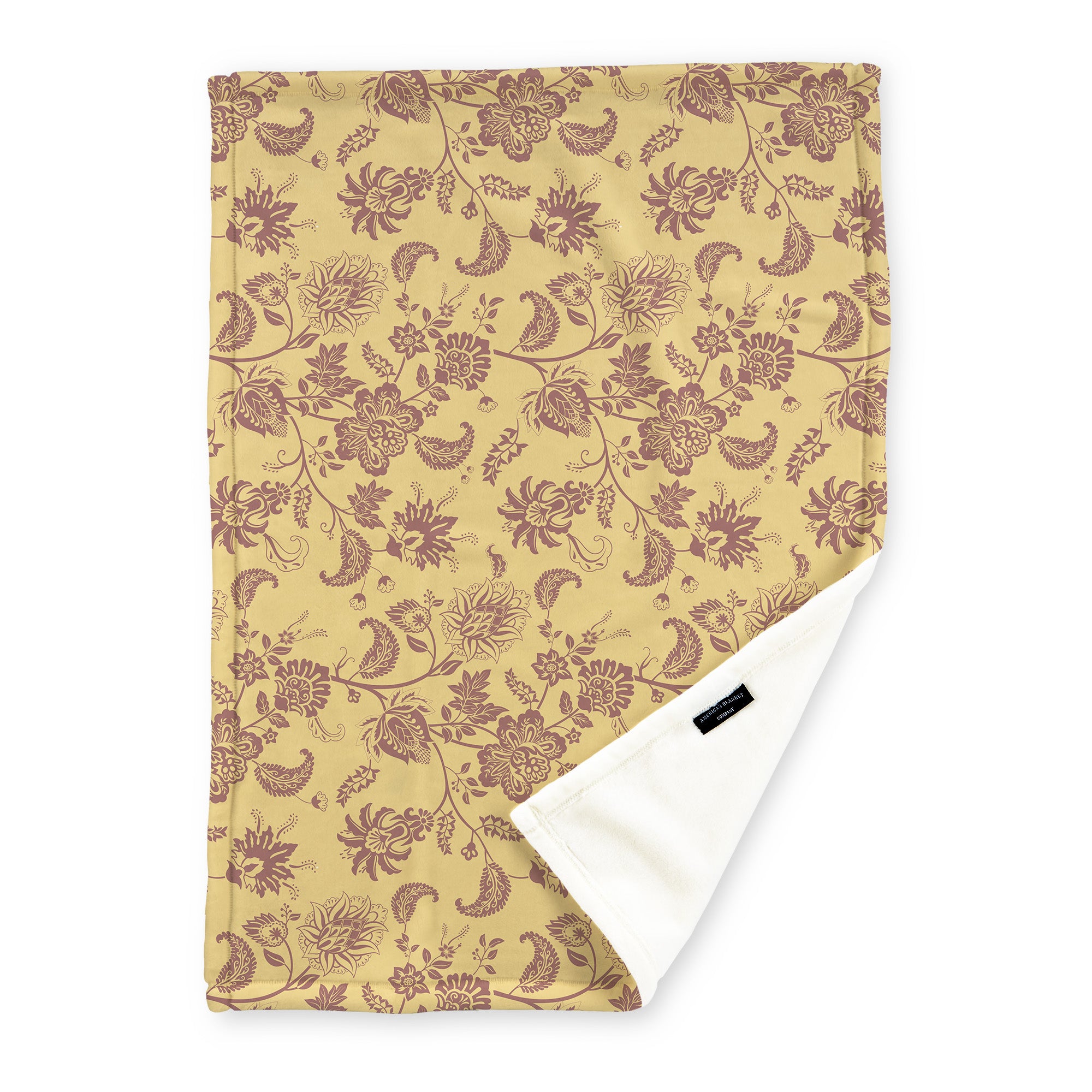 American Blanket Company - Luster Loft Fleece Blanket - Floral Printed Blankets Throws - a fleece blanket with abstract brown floral patterns on a yellow background.