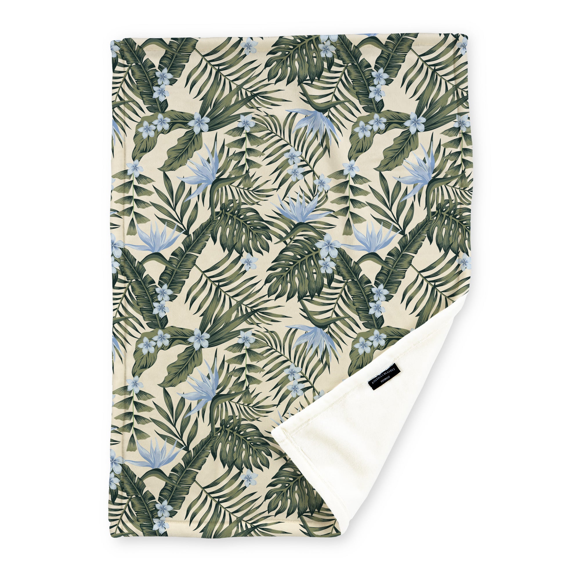 American Blanket Company - Luster Loft Fleece Blanket - Floral Printed Blankets Throws - a floral pattern with green fronds and exotic blue flowers on a beige background printed on a fleece blanket.