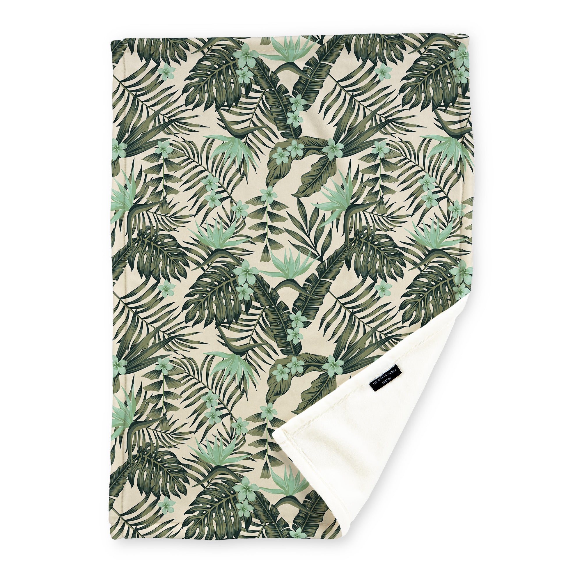 American Blanket Company - Luster Loft Fleece Blanket - Floral Printed Blankets Throws - a floral pattern with green fronds and exotic green flowers on a beige background printed on a fleece blanket.
