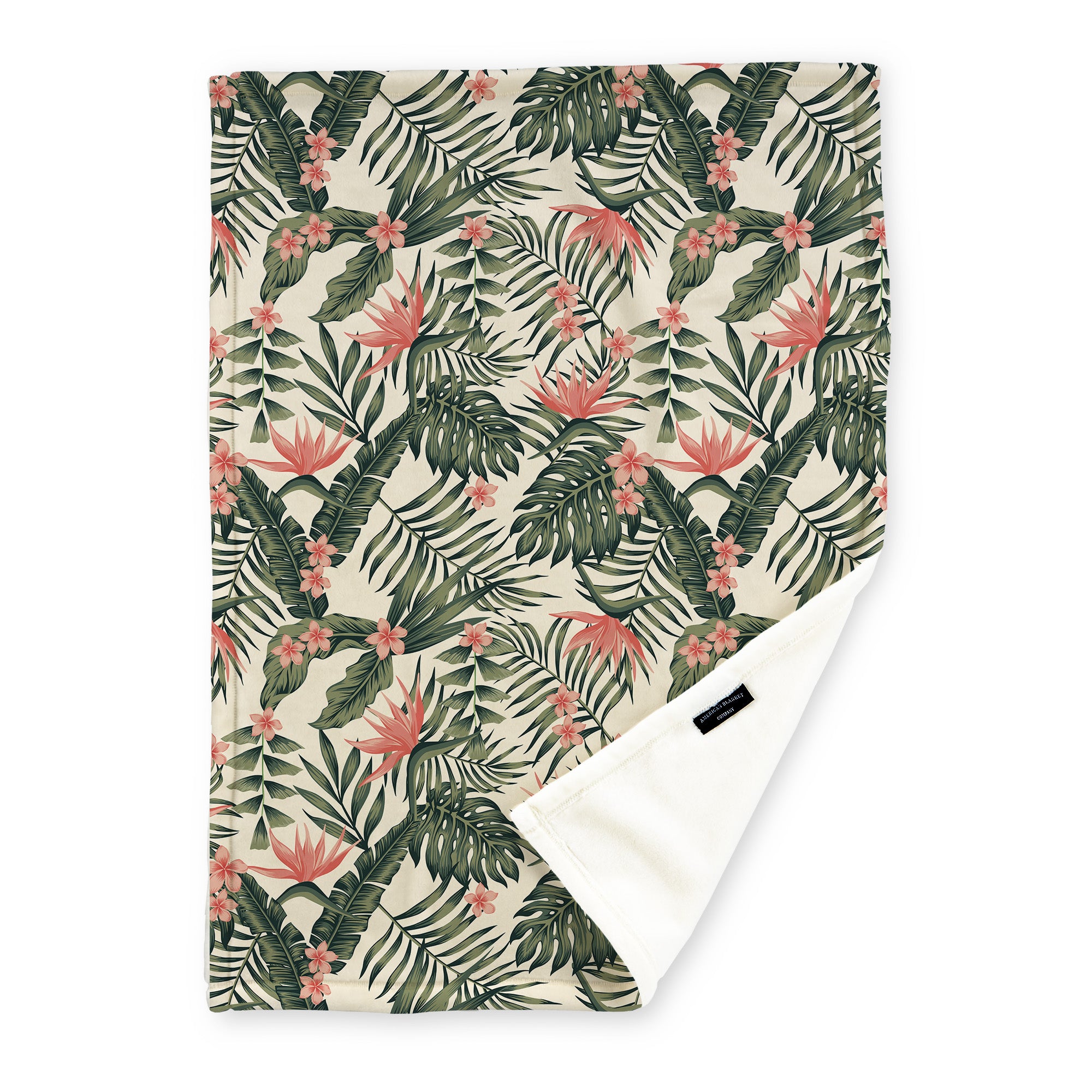 American Blanket Company - Luster Loft Fleece Blanket - Floral Printed Blankets Throws - a floral pattern with green fronds and exotic magenta flowers on a beige background printed on a fleece blanket.