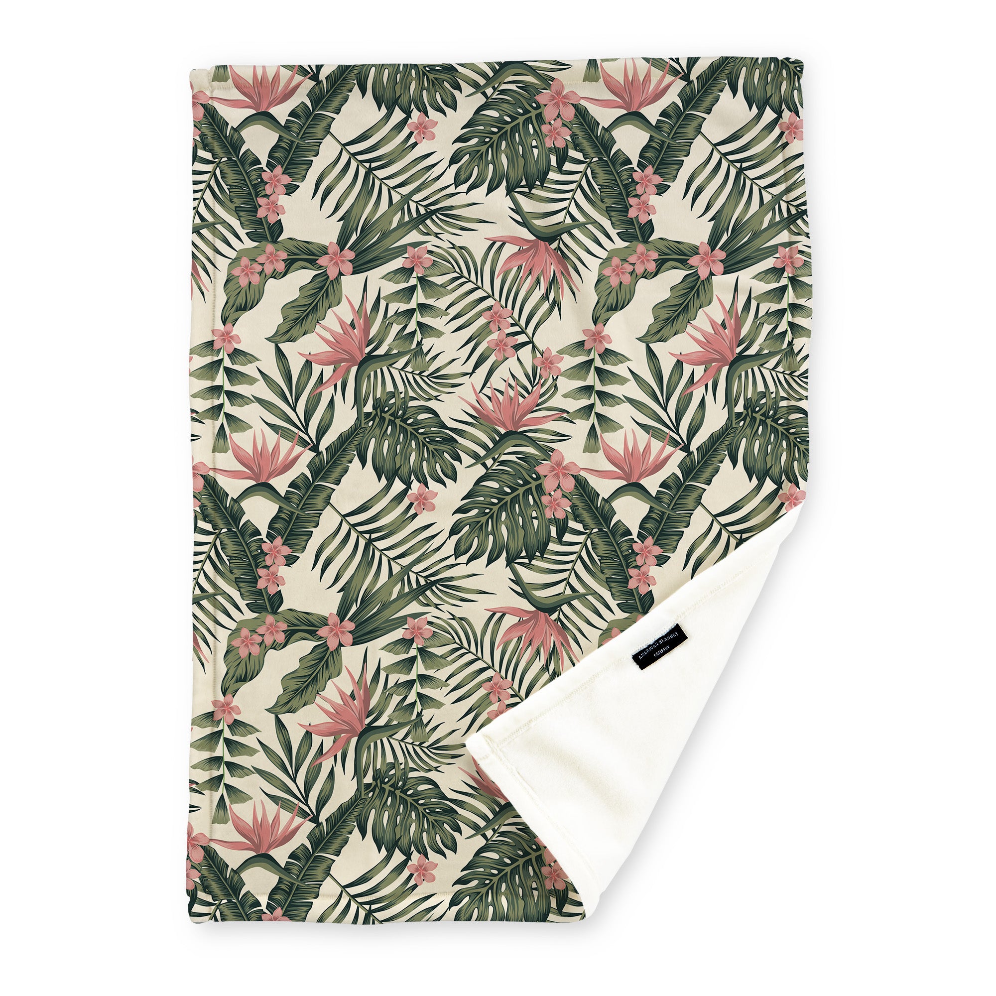 American Blanket Company - Luster Loft Fleece Blanket - Floral Printed Blankets Throws - a floral pattern with green fronds and exotic pink flowers on a beige background printed on a fleece blanket.
