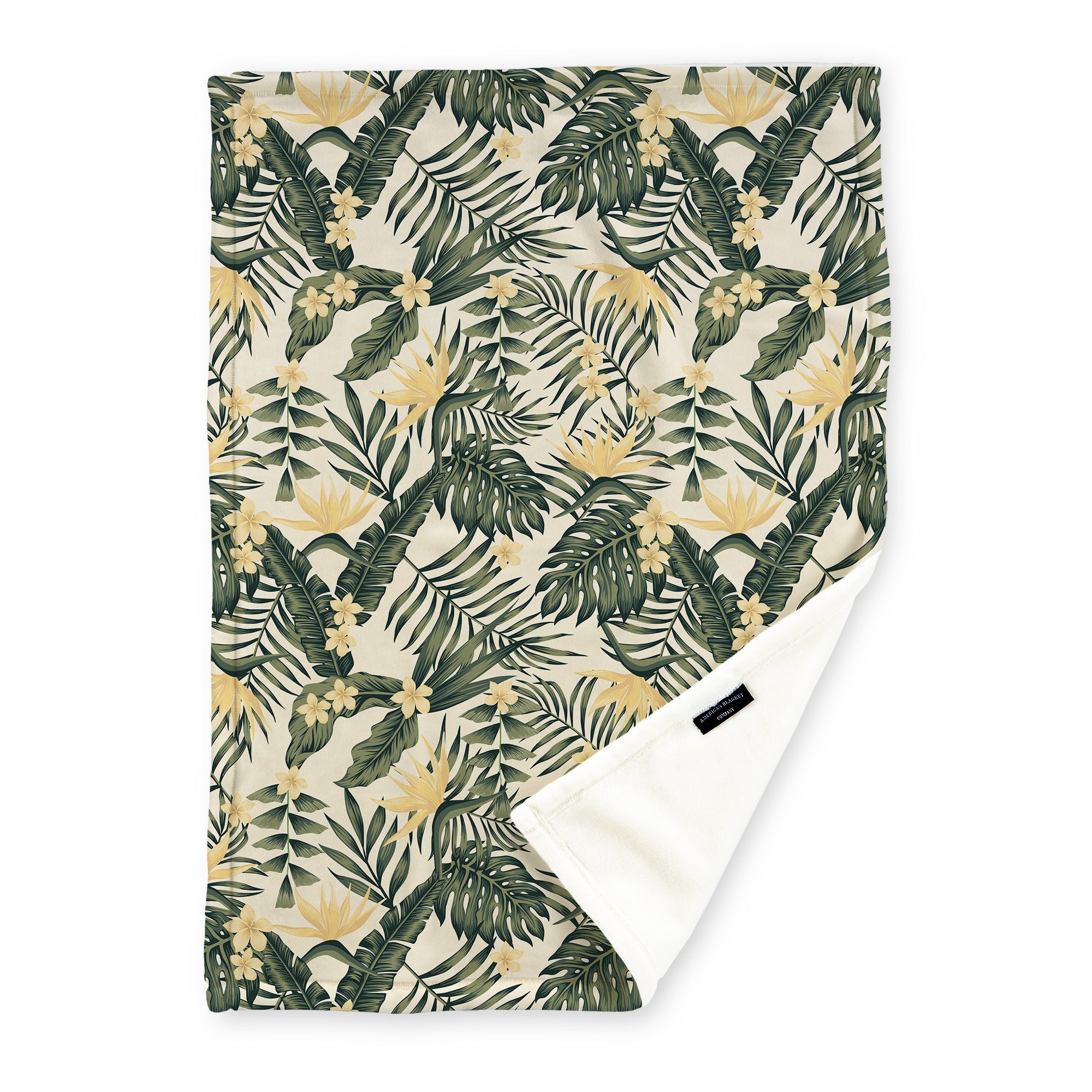 American Blanket Company - Luster Loft Fleece Blanket - Floral Printed Blankets Throws - a floral pattern with green fronds and exotic yellow flowers on a beige background printed on a fleece blanket.