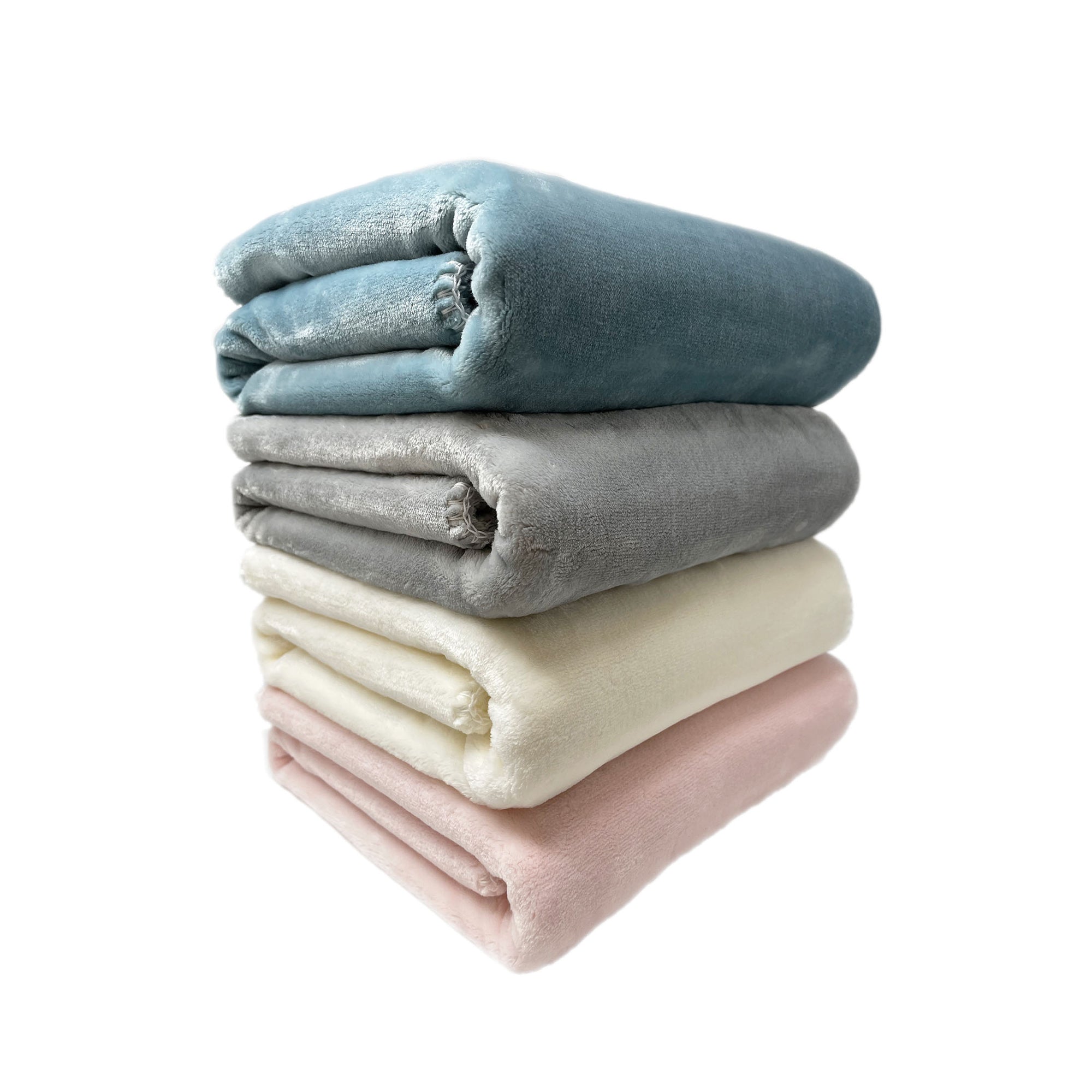 American Blanket Company - Luster Loft Whip Stitched Fleece Baby Blankets - Stack of fleece whip stitched baby blankets - light blue, gray, cream, and pink.