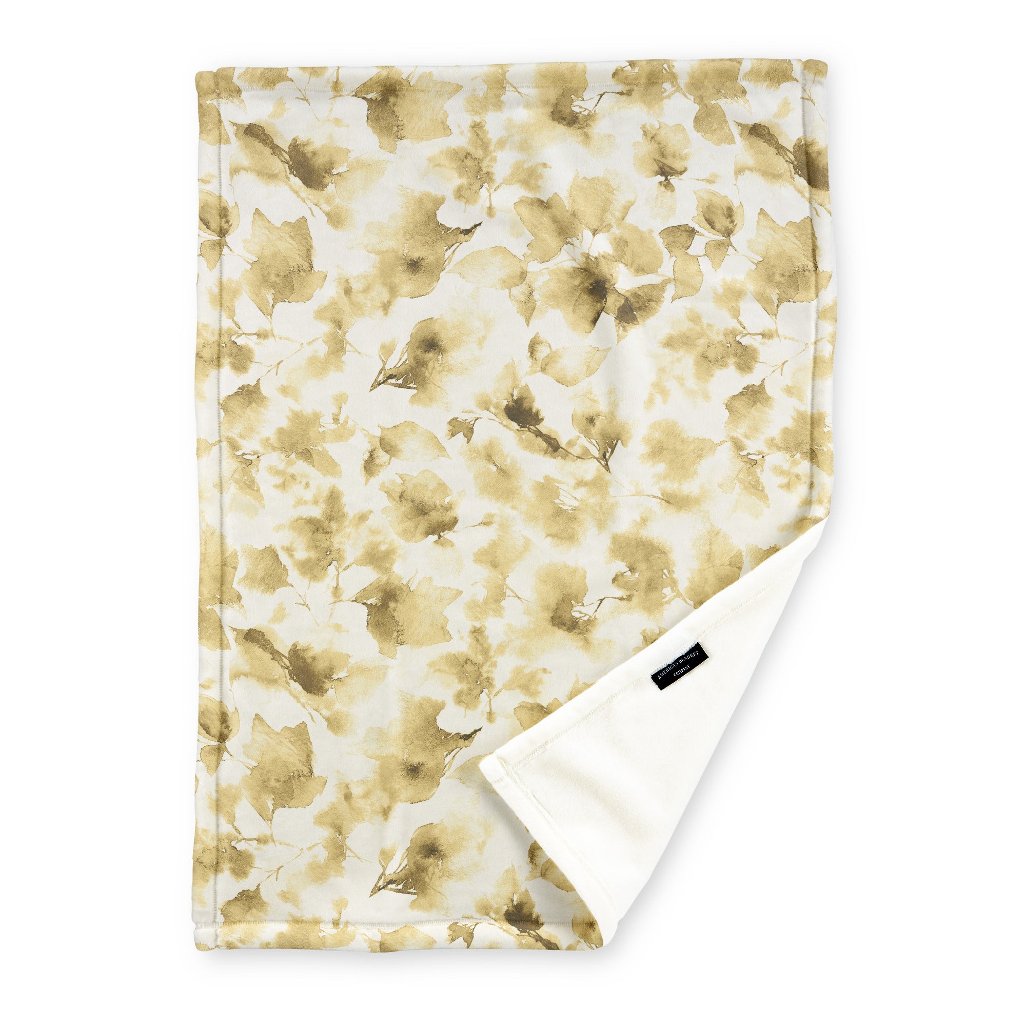 American Blanket Company - Luster Loft Fleece Blanket - Floral Printed Blankets Throws - a fleece blanket with abstract floral pattern in a range of yellows on a white background.