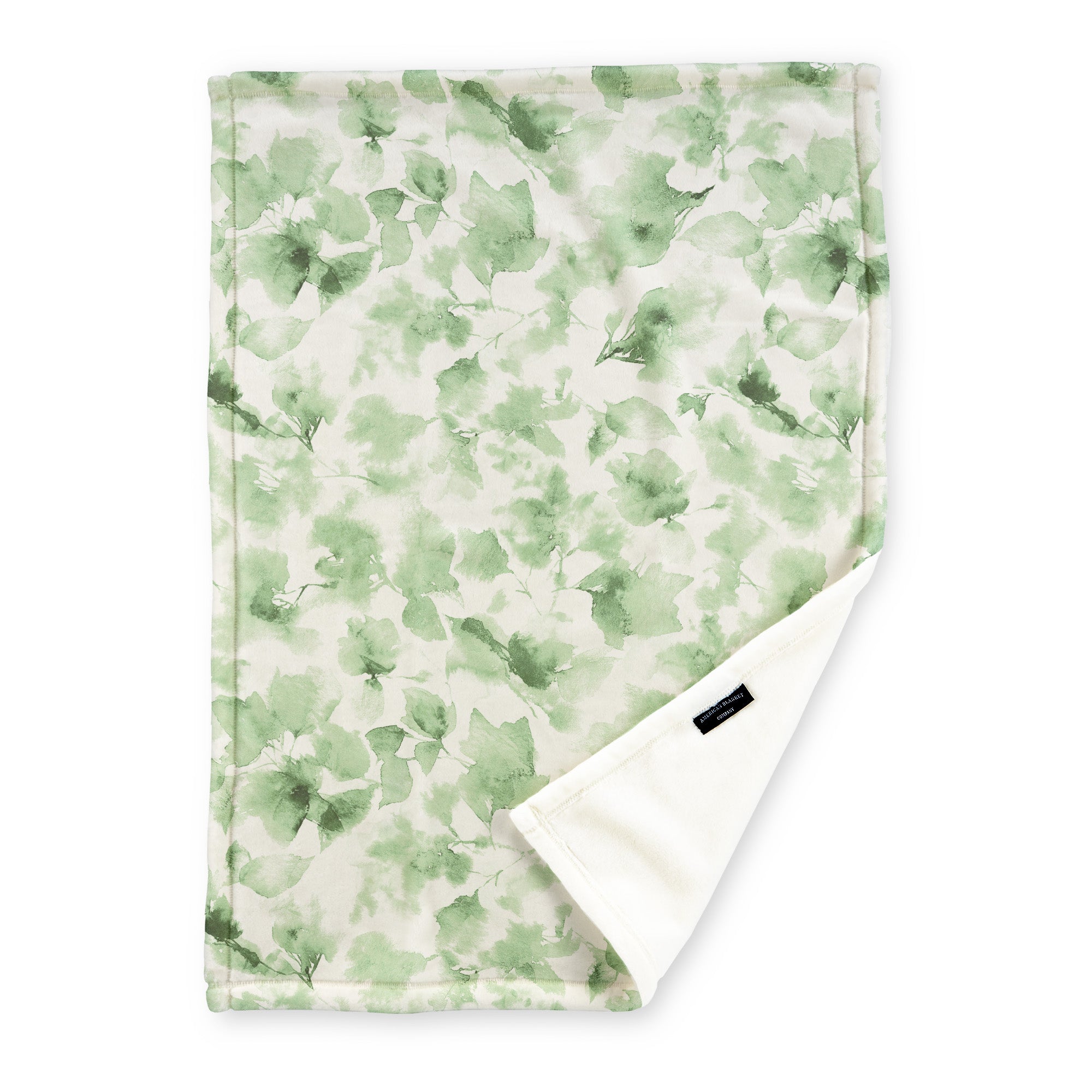 American Blanket Company - Luster Loft Fleece Blanket - Floral Printed Blankets Throws - a fleece blanket with abstract floral pattern in a range of greens on a white background.