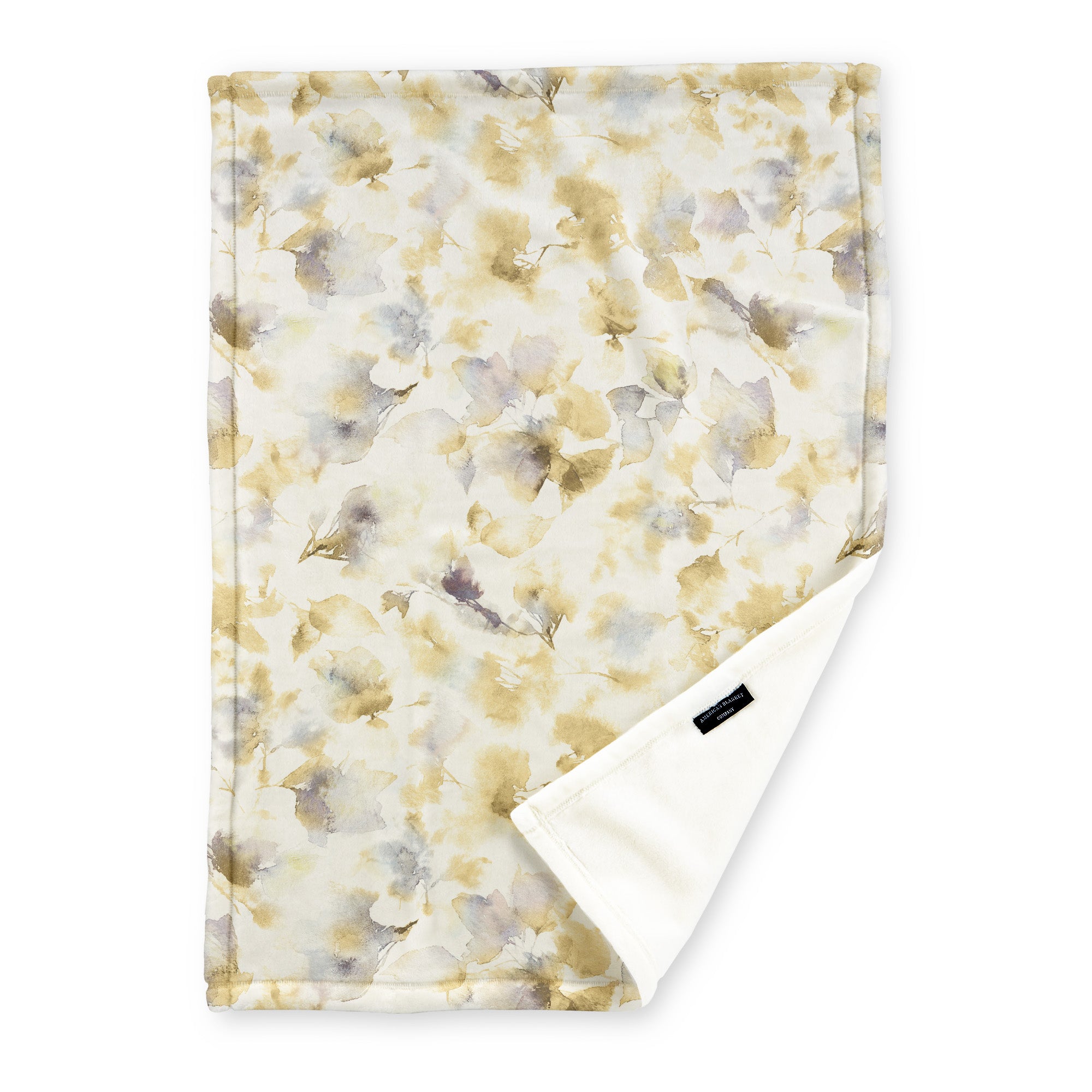American Blanket Company - Luster Loft Fleece Blanket - Floral Printed Blankets Throws - a fleece blanket with abstract floral pattern in a range of yellows and blues on a white background.