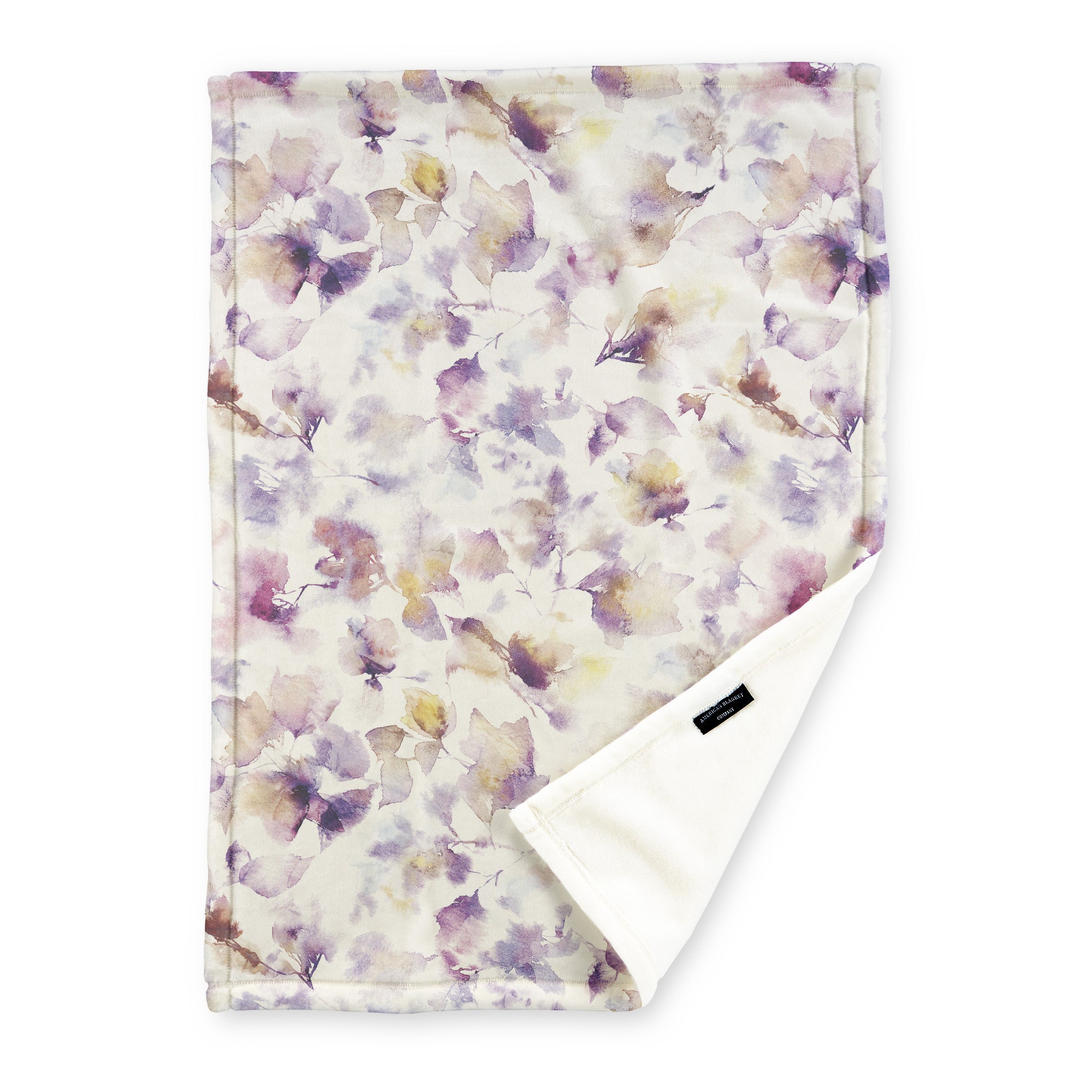 American Blanket Company - Luster Loft Fleece Blanket - Floral Printed Blankets Throws - a fleece blanket with abstract floral pattern in a range of purples, blues, and golds on a white background.