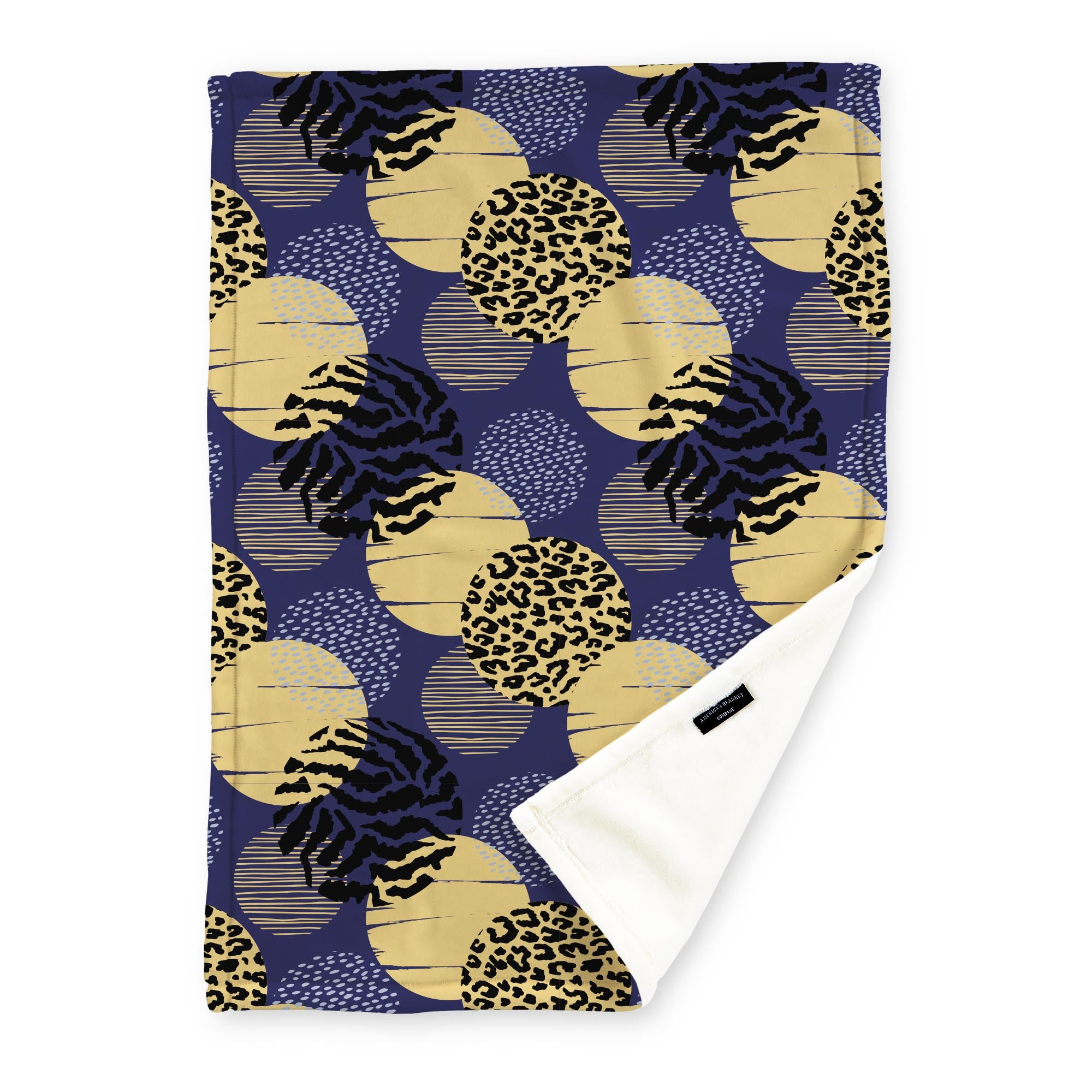 American Blanket Company - Luster Loft Fleece Blankets - Printed Fashion Fleece Throw Blankets - a Fleece blanket with a multicolored abstract circle pattern with yellow, light blue, and black on a navy background.