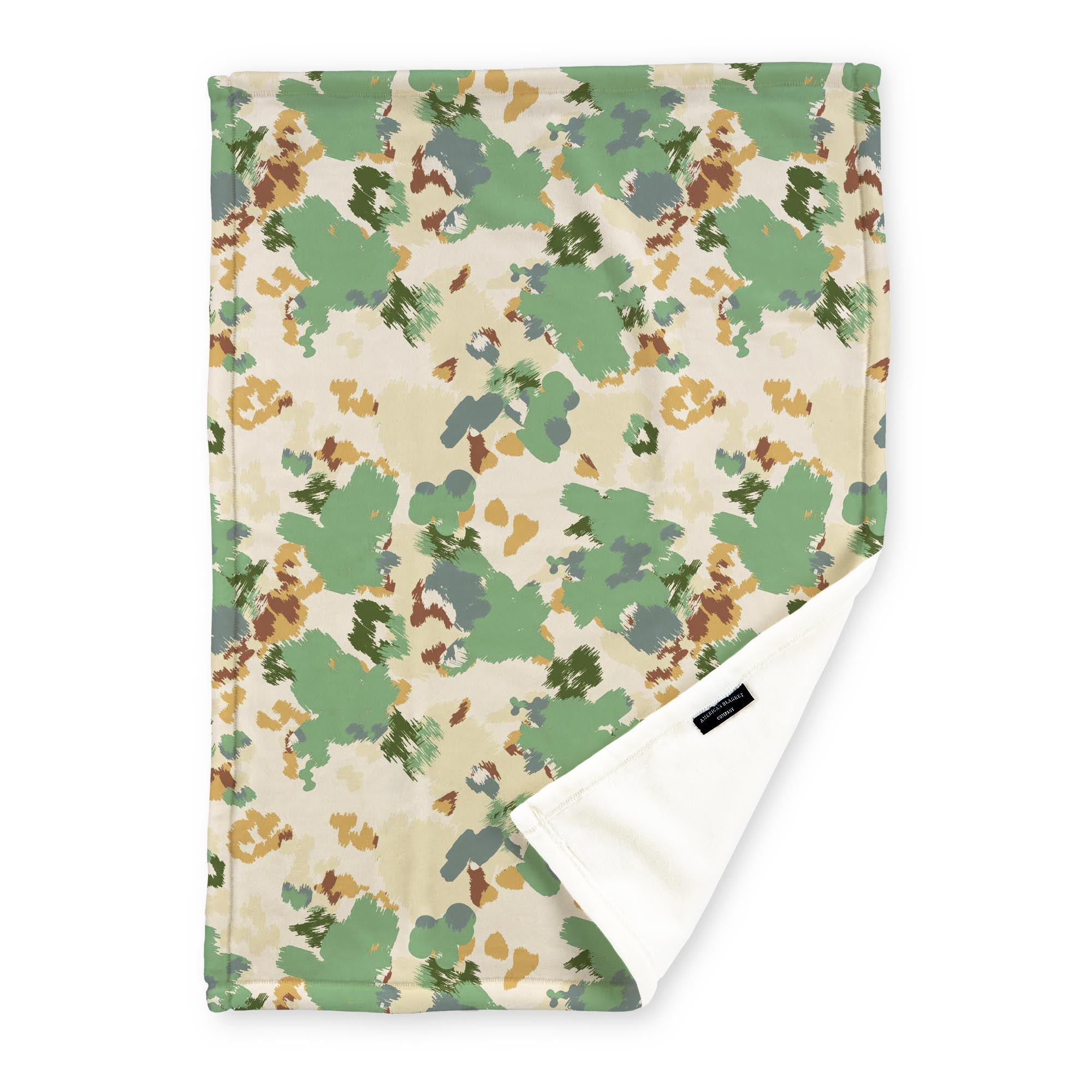 American Blanket Company - Luster Loft Fleece Blankets - Printed Fashion Fleece Throw Blankets - a Fleece blanket with a multicolored green abstract camouflage pattern on a cream background.