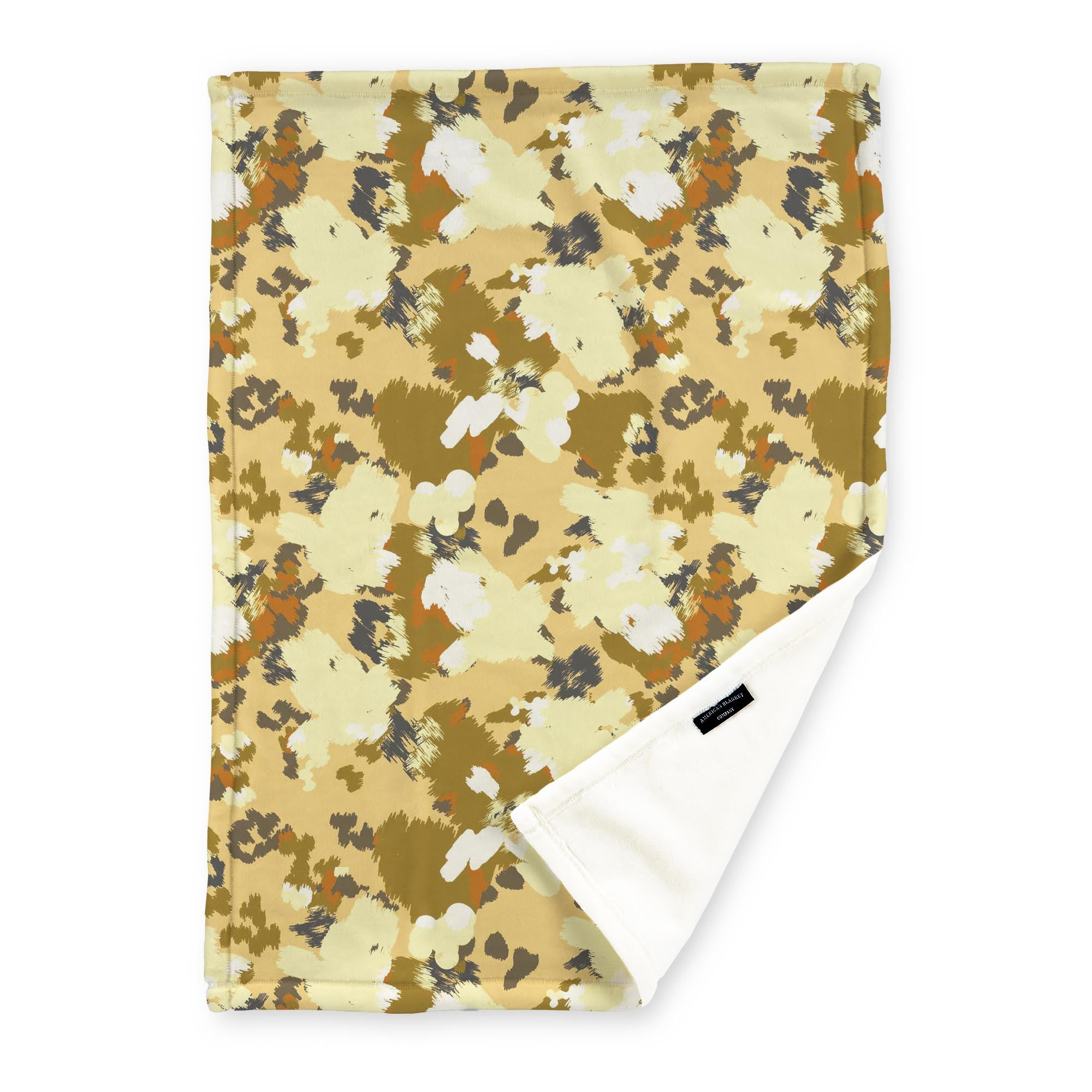 American Blanket Company - Luster Loft Fleece Blankets - Printed Fashion Fleece Throw Blankets - a Fleece blanket with a multicolored yellow abstract camouflage pattern on a yellow background.