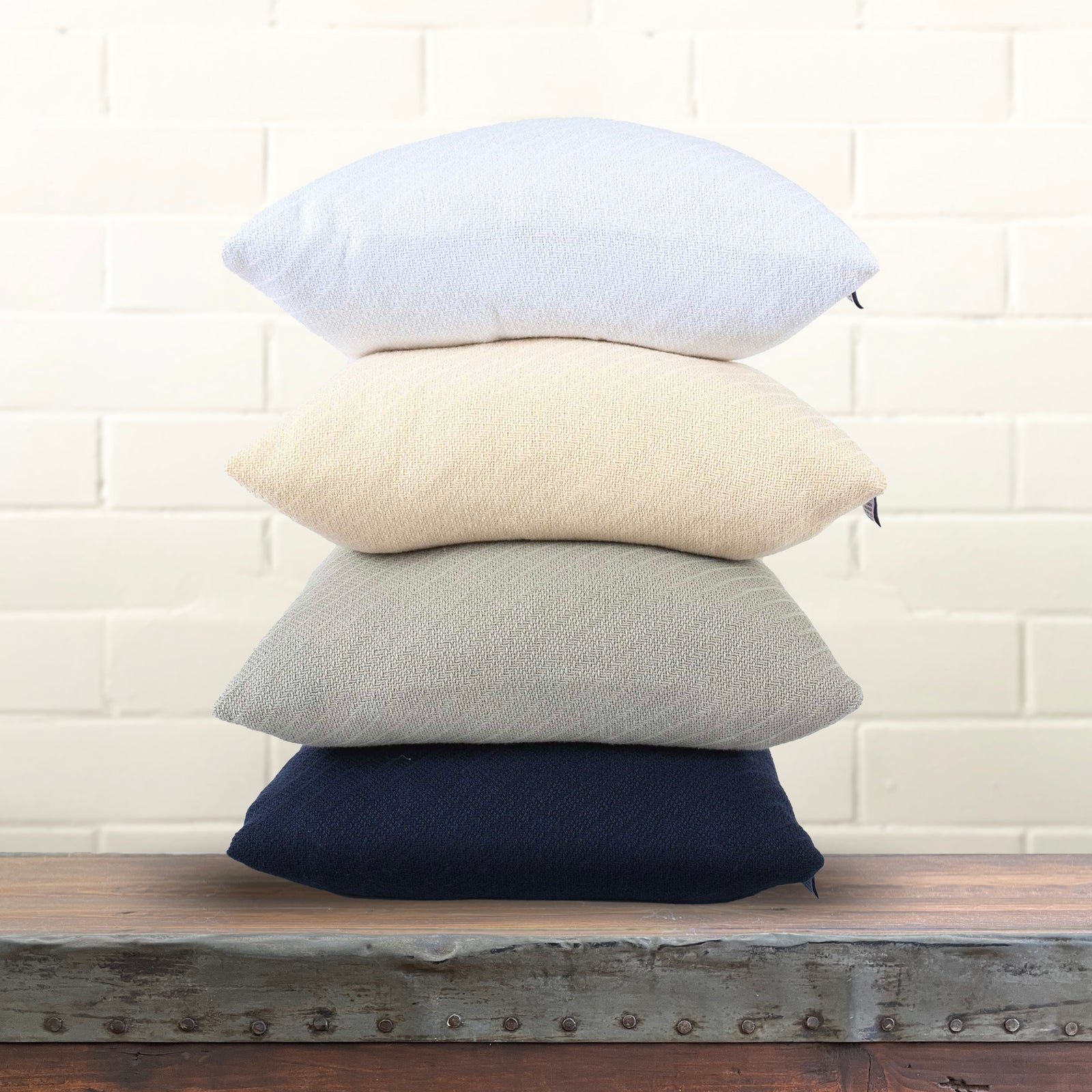 American Blanket Company - 100% Cotton Throw Pillows -  Stacked Cotton Throw Pillows ordered from white-beige-gray-navy