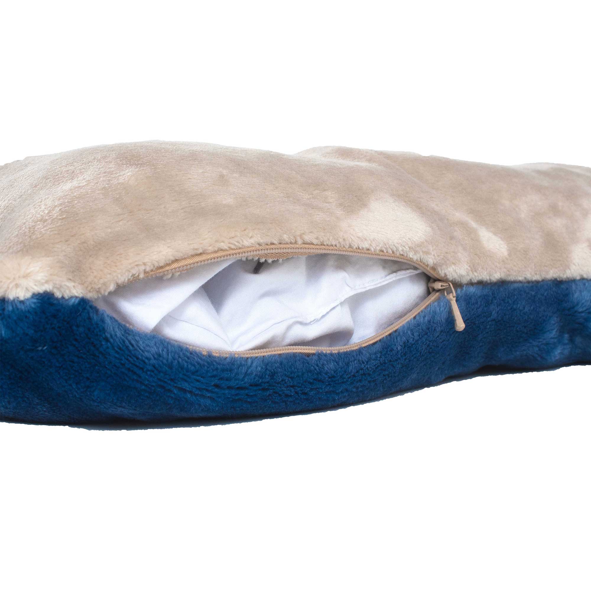 American Blanket Company - Luster Loft Fleece Pet Bed Lounger - close up of latte and atlantic blue fleece pet bed lounger on a white background.