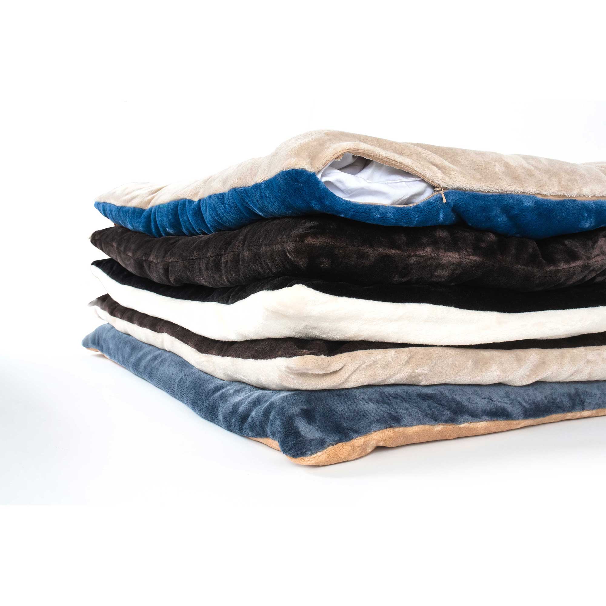 American Blanket Company - Luster Loft Fleece Pet Bed Lounger - stack of multicolored fleece pet bed loungers on a white background.