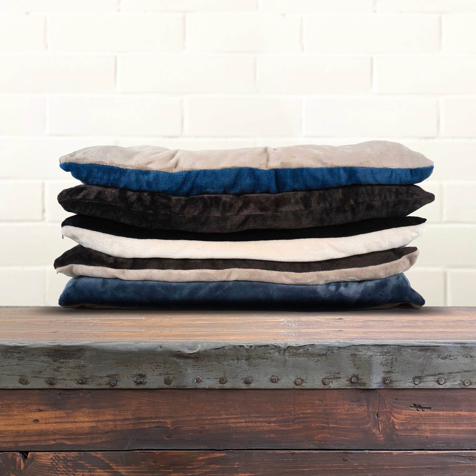 American Blanket Company - Luster Loft Fleece Pet Bed Lounger - stack of multicolored fleece pet bed loungers