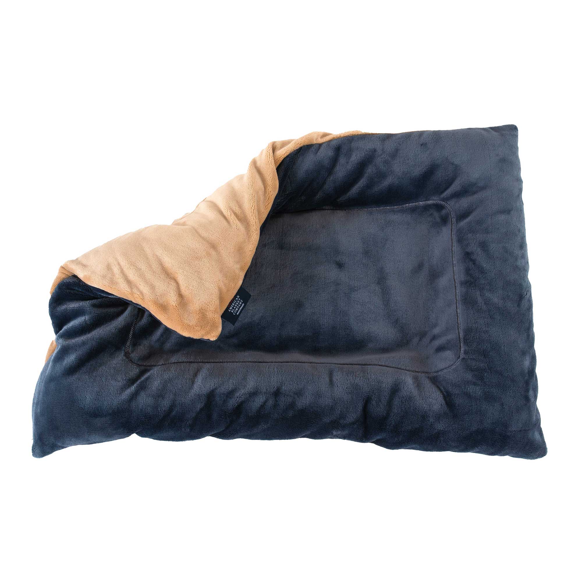American Blanket Company - Luster Loft Fleece Pet Bed Lounger - overhead shot of latte/patriot blue luster loft fleece pet bed lounger on a white background.